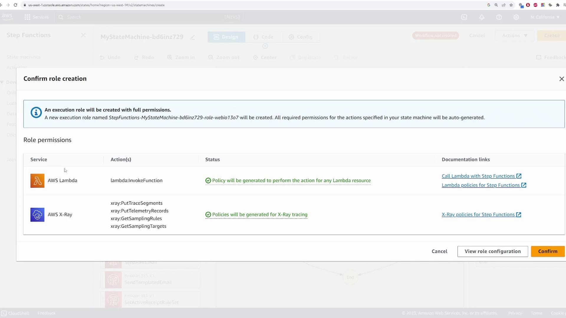 A screenshot of the AWS Step Functions console showing a "Confirm role creation" dialog that says an execution role with full permissions will be created and lists role permissions for AWS Lambda and AWS X‑Ray. The dialog includes buttons for Cancel, View role configuration, and Confirm.