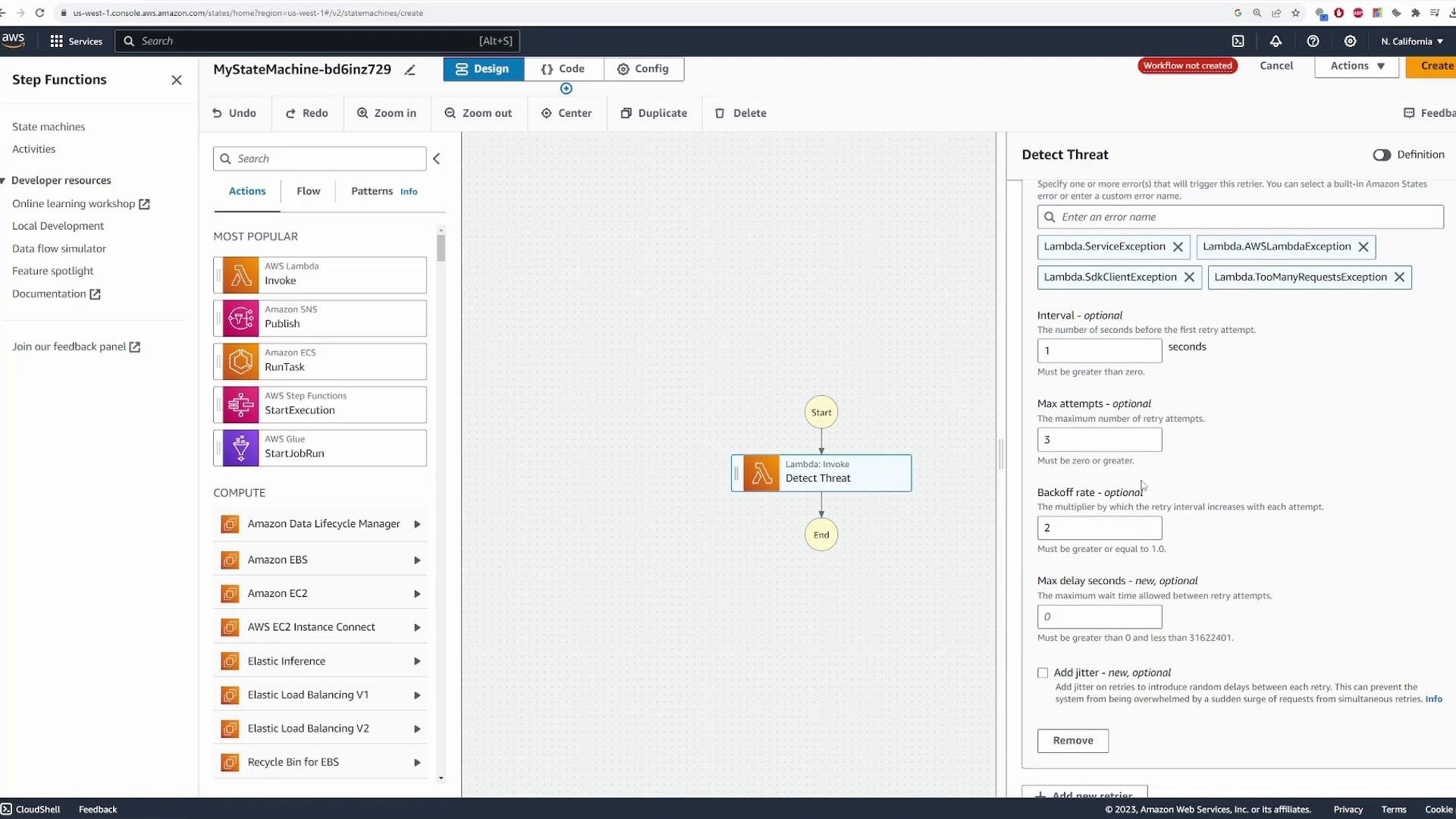 A screenshot of the AWS Step Functions console showing a simple state machine diagram with a Lambda Invoke state labeled "Detect Threat" (Start and End nodes visible) and the retry configuration panel open on the right; the left sidebar lists common actions like AWS Lambda, SNS, and ECS.