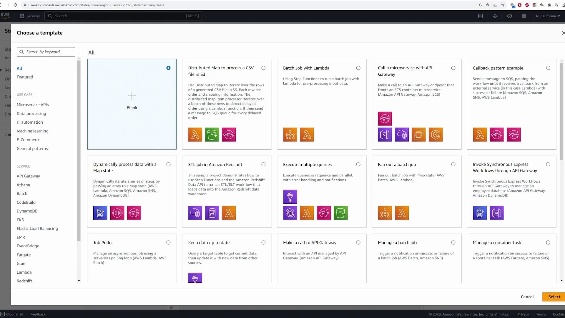 A browser screenshot of the AWS Step Functions "Choose a template" dialog showing various workflow templates (Blank, Distributed Map to process CSV, Batch Job with Lambda, API Gateway callbacks, etc.), with a left navigation pane of categories and Cancel/Select buttons at the bottom.