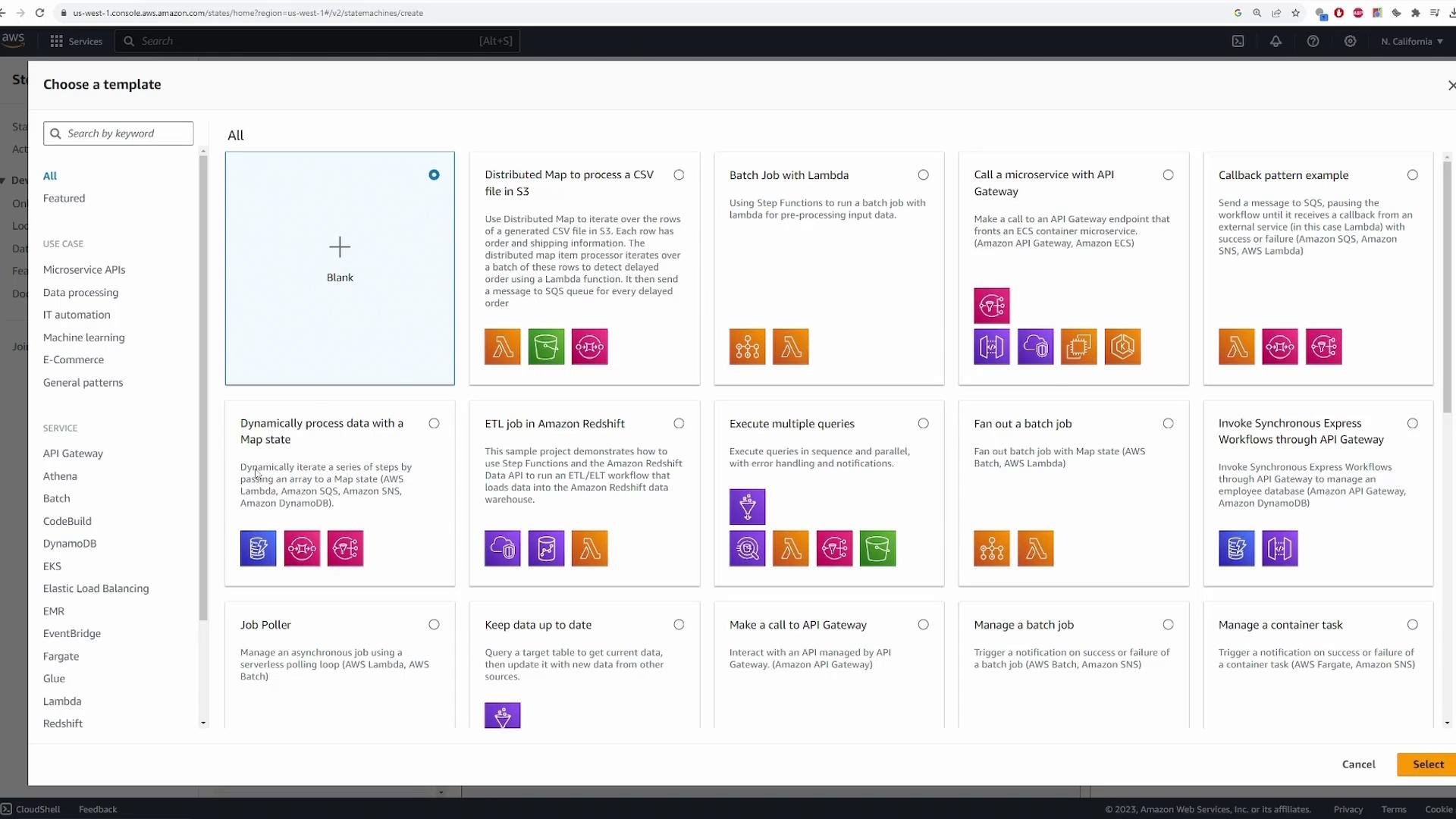 A browser screenshot of the AWS Step Functions "Choose a template" dialog showing various workflow templates (Blank, Distributed Map to process CSV, Batch Job with Lambda, API Gateway callbacks, etc.), with a left navigation pane of categories and Cancel/Select buttons at the bottom.