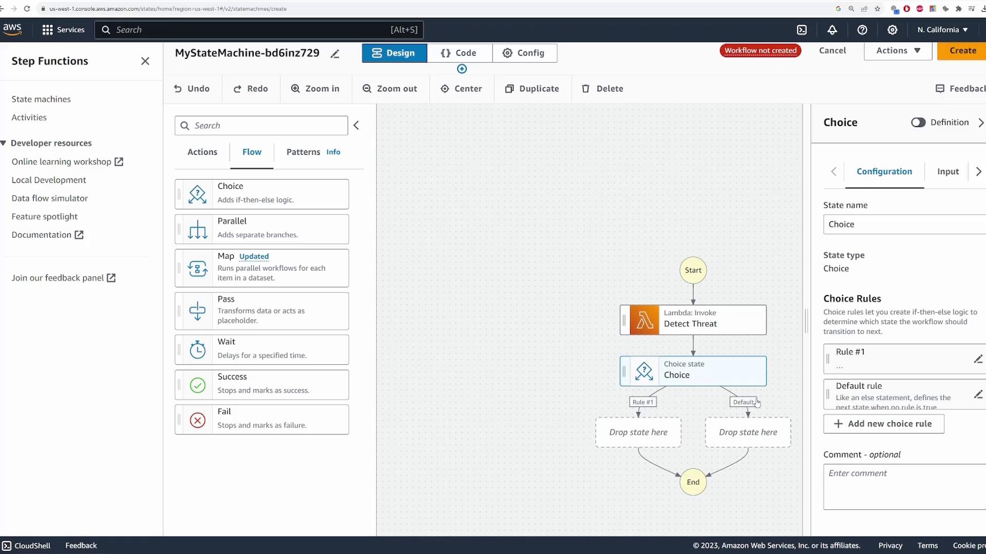 A screenshot of the AWS Step Functions visual editor showing a state machine diagram with a "Start" node, a Lambda invoke step labeled "Detect Threat," and a Choice state with empty branches. The left pane lists available state types (Choice, Parallel, Map, Pass, etc.) and the right pane shows configuration options for the selected Choice state.