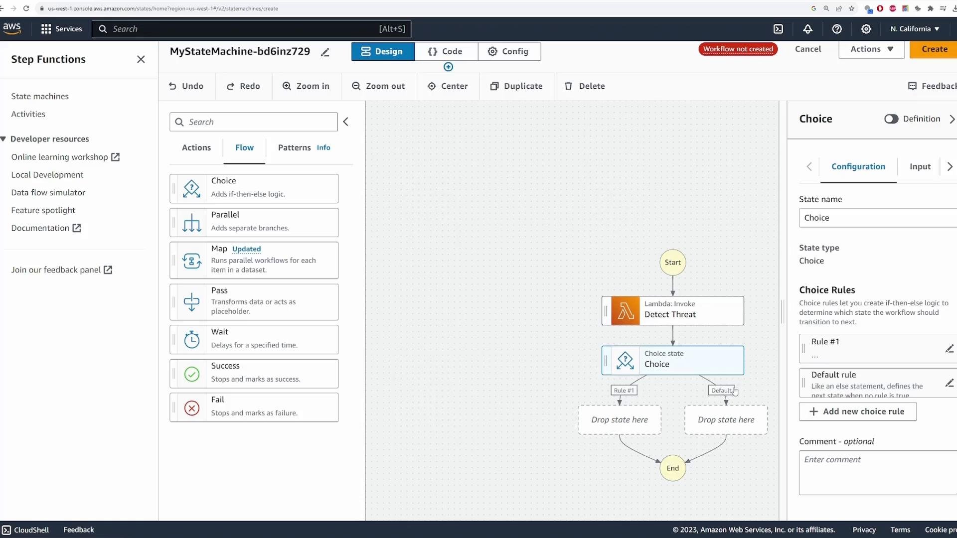A screenshot of the AWS Step Functions visual editor showing a state machine diagram with a "Start" node, a Lambda invoke step labeled "Detect Threat," and a Choice state with empty branches. The left pane lists available state types (Choice, Parallel, Map, Pass, etc.) and the right pane shows configuration options for the selected Choice state.