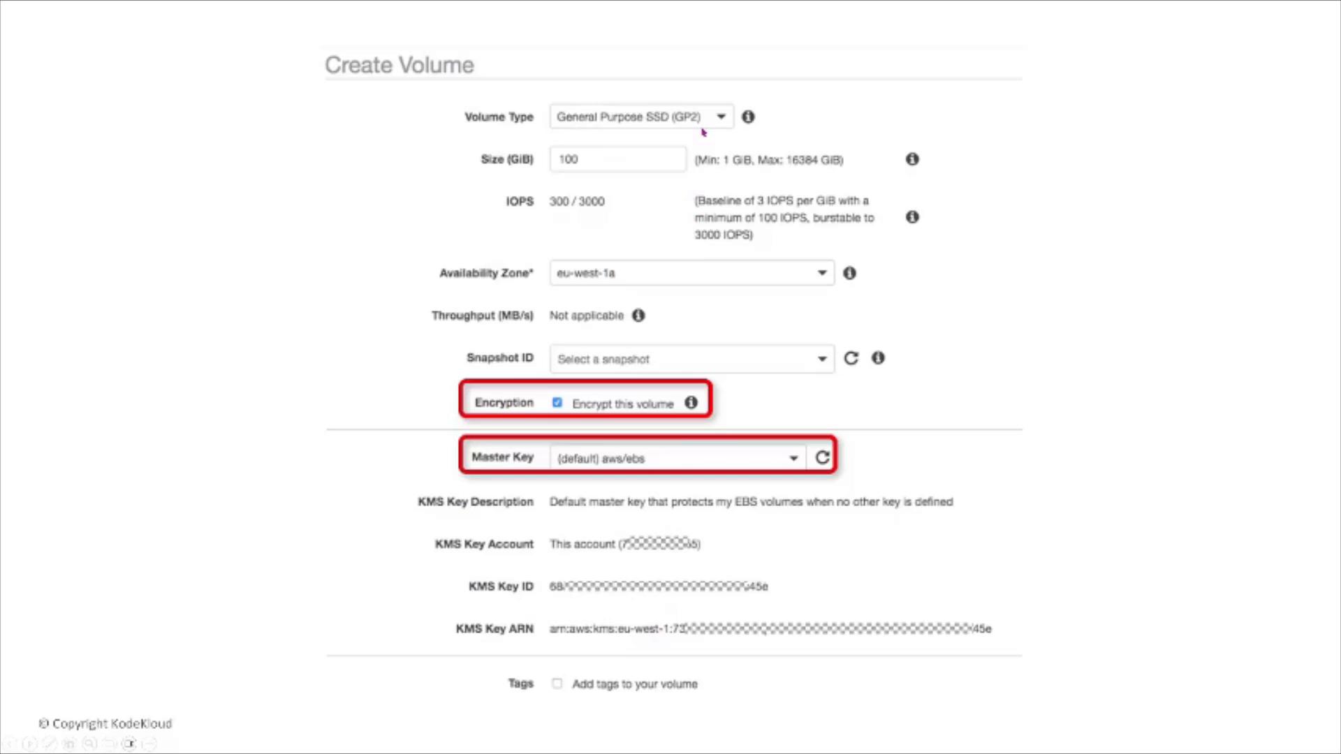 Screenshot of an AWS "Create Volume" form showing fields for volume type, size, IOPS, availability zone and snapshot ID, with the encryption checkbox and Master Key dropdown highlighted in red.