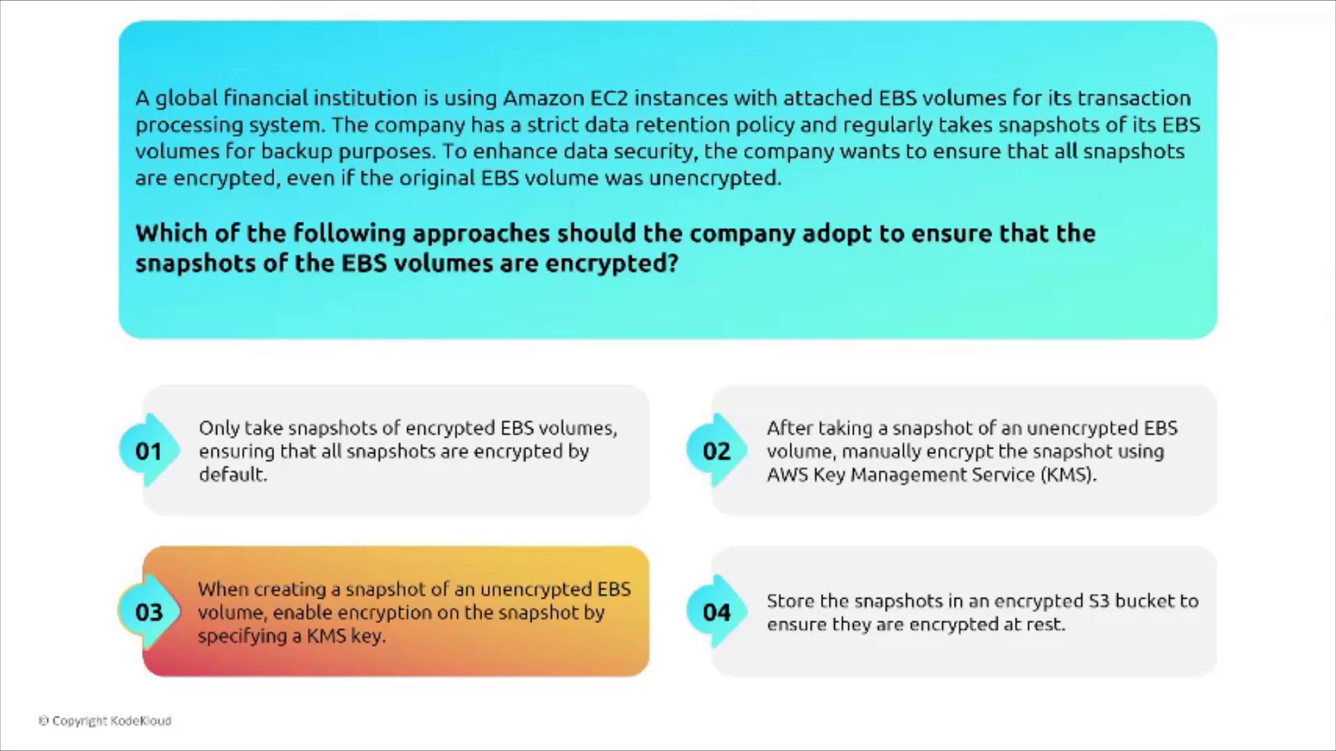 An infographic-style screenshot of an AWS exam question about ensuring EBS snapshots are encrypted for a financial institution. It shows four numbered answer options suggesting approaches like only snapshotting encrypted volumes, using AWS KMS to encrypt snapshots, specifying a KMS key when creating snapshots, or storing snapshots in an encrypted S3 bucket.