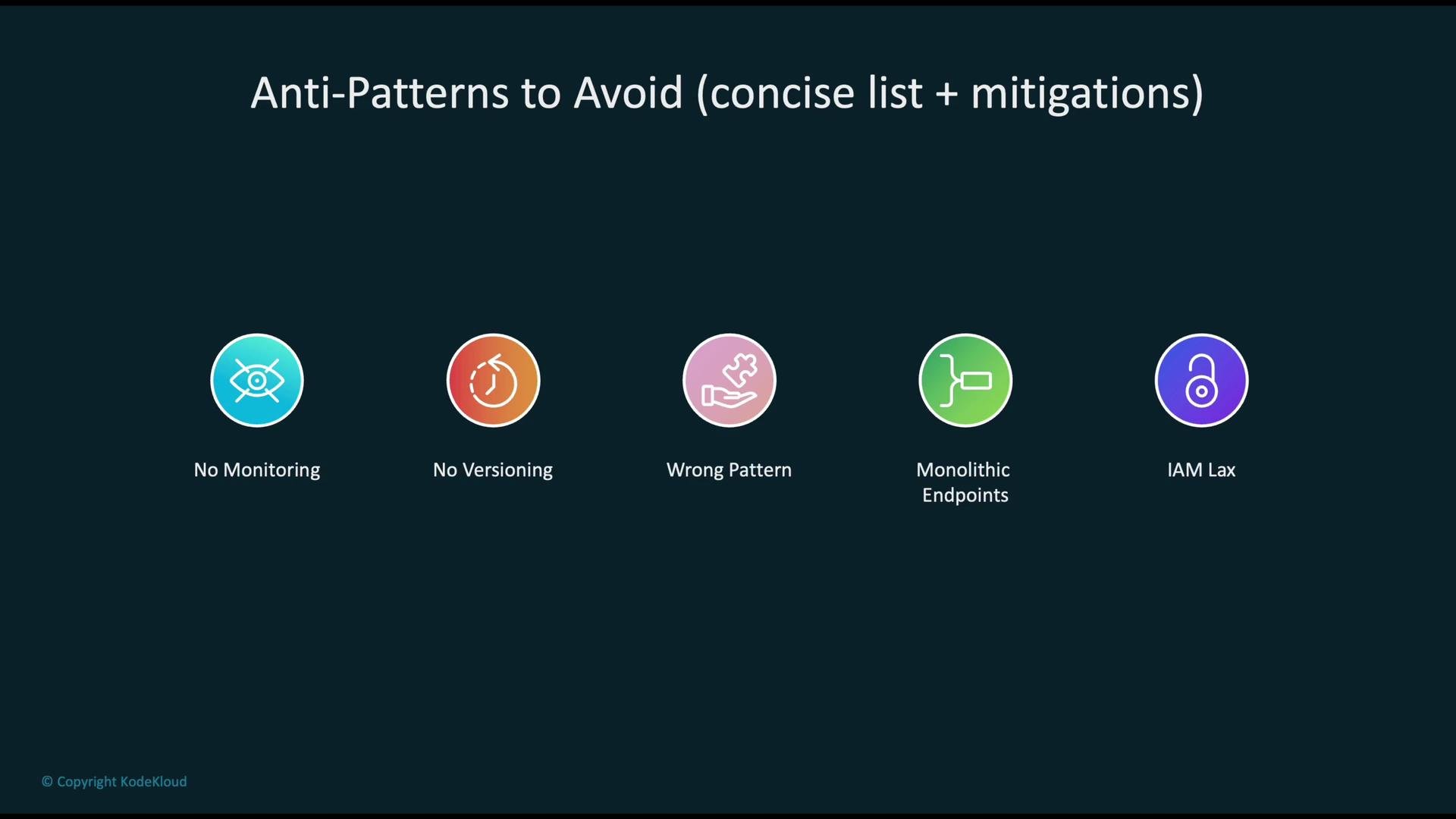 The image lists five anti-patterns to avoid: No Monitoring, No Versioning, Wrong Pattern, Monolithic Endpoints, and IAM Lax, along with their icons.
