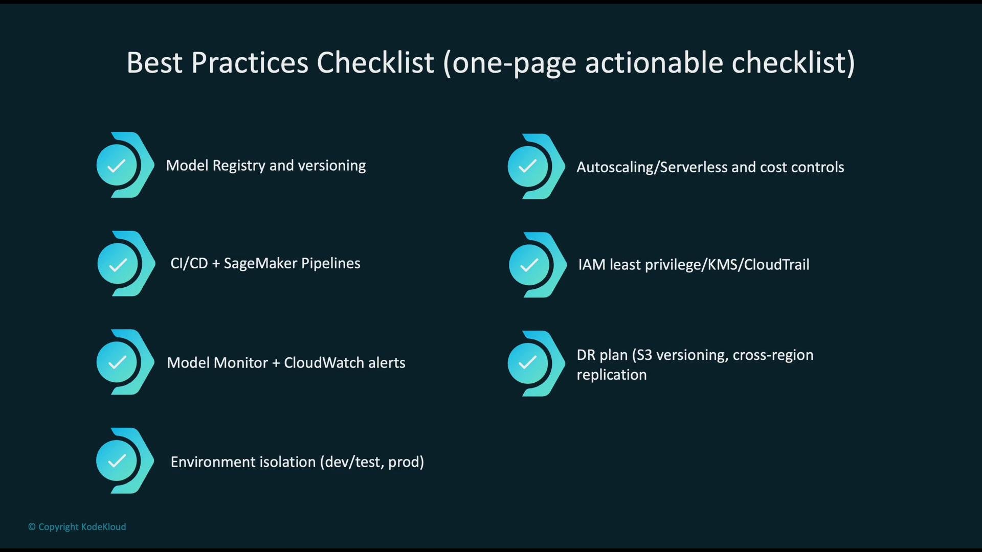 The image is a "Best Practices Checklist" featuring items such as model registry, CI/CD pipelines, autoscoring, IAM privileges, and environment isolation, aimed at ensuring optimal cloud operations.