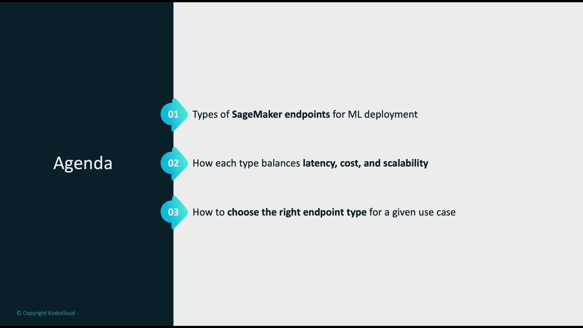 The image displays an agenda for a presentation about SageMaker endpoints, discussing types of endpoints, balancing latency, cost, and scalability, and choosing the right endpoint type for use cases.