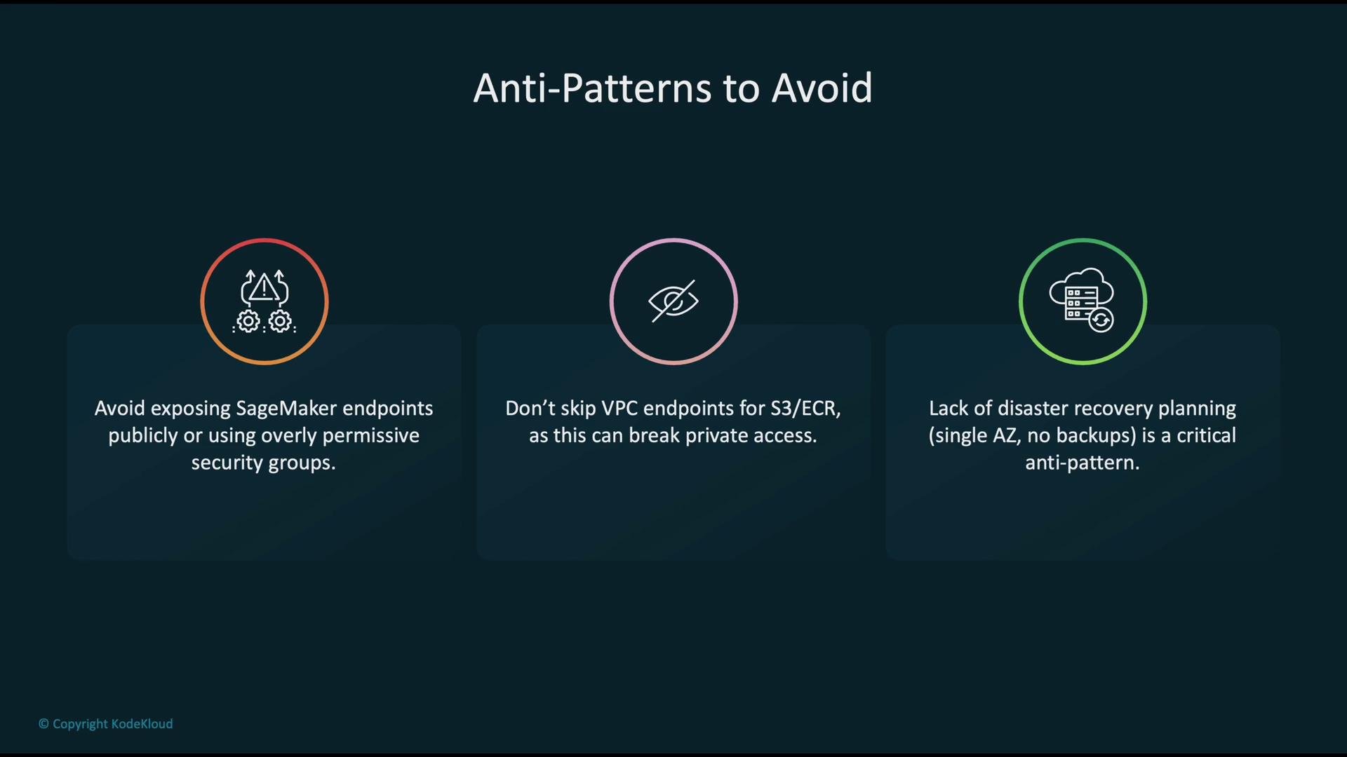 The image lists three anti-patterns to avoid: exposing SageMaker endpoints publicly, skipping VPC endpoints for S3/ECR, and lacking disaster recovery planning.