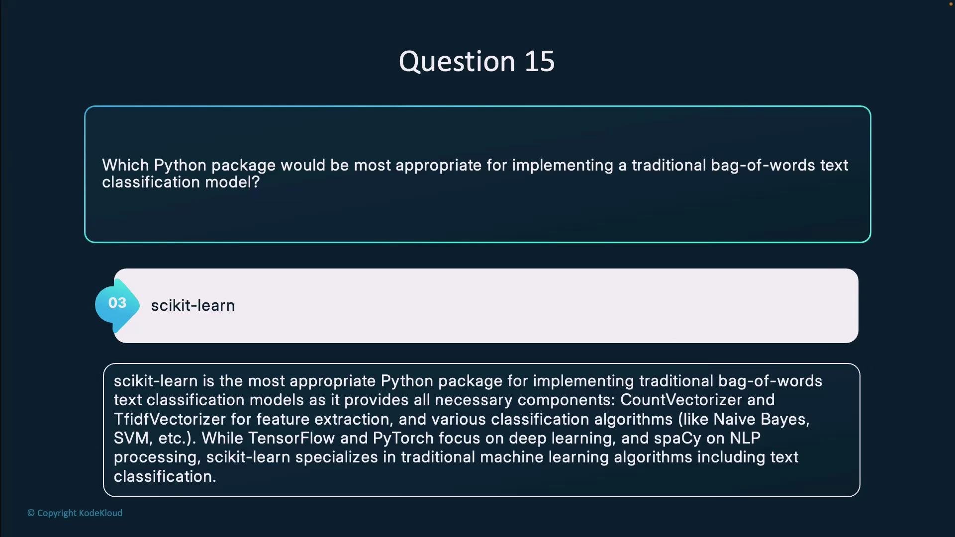 The image presents a question about which Python package is appropriate for implementing a bag-of-words text classification model, with "scikit-learn" identified as the answer. It also provides an explanation of why scikit-learn is suitable for this task.