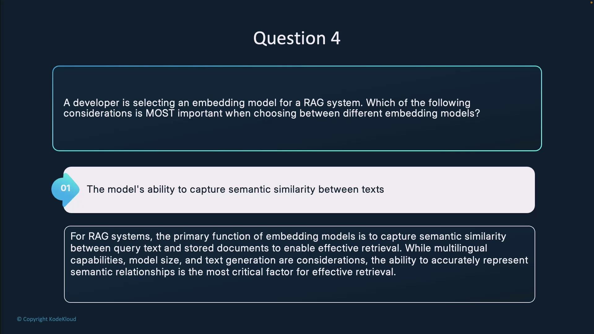 The image presents a question about choosing an embedding model for a RAG system, emphasizing the importance of capturing semantic similarity between texts as the key consideration.