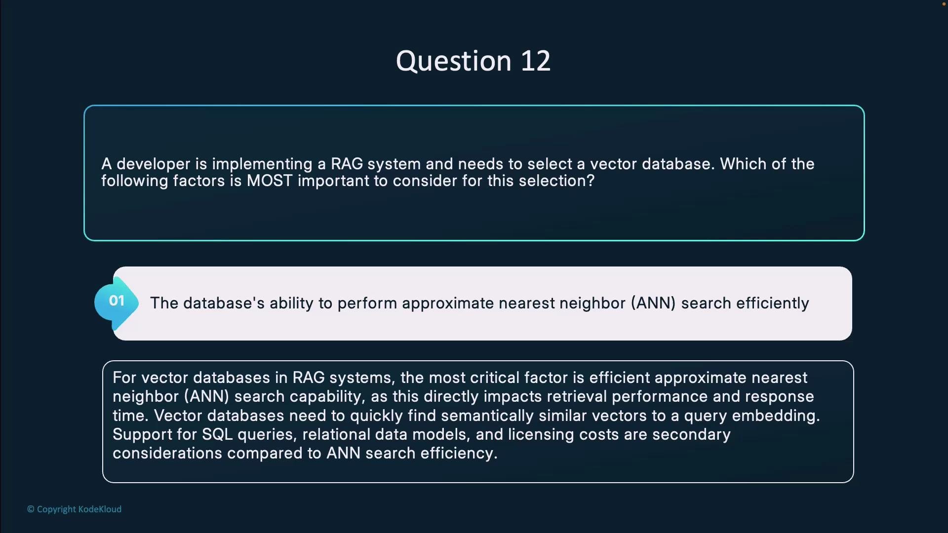 The image contains a question about selecting a vector database for a RAG system, emphasizing the importance of the database's efficiency in performing approximate nearest neighbor (ANN) searches.