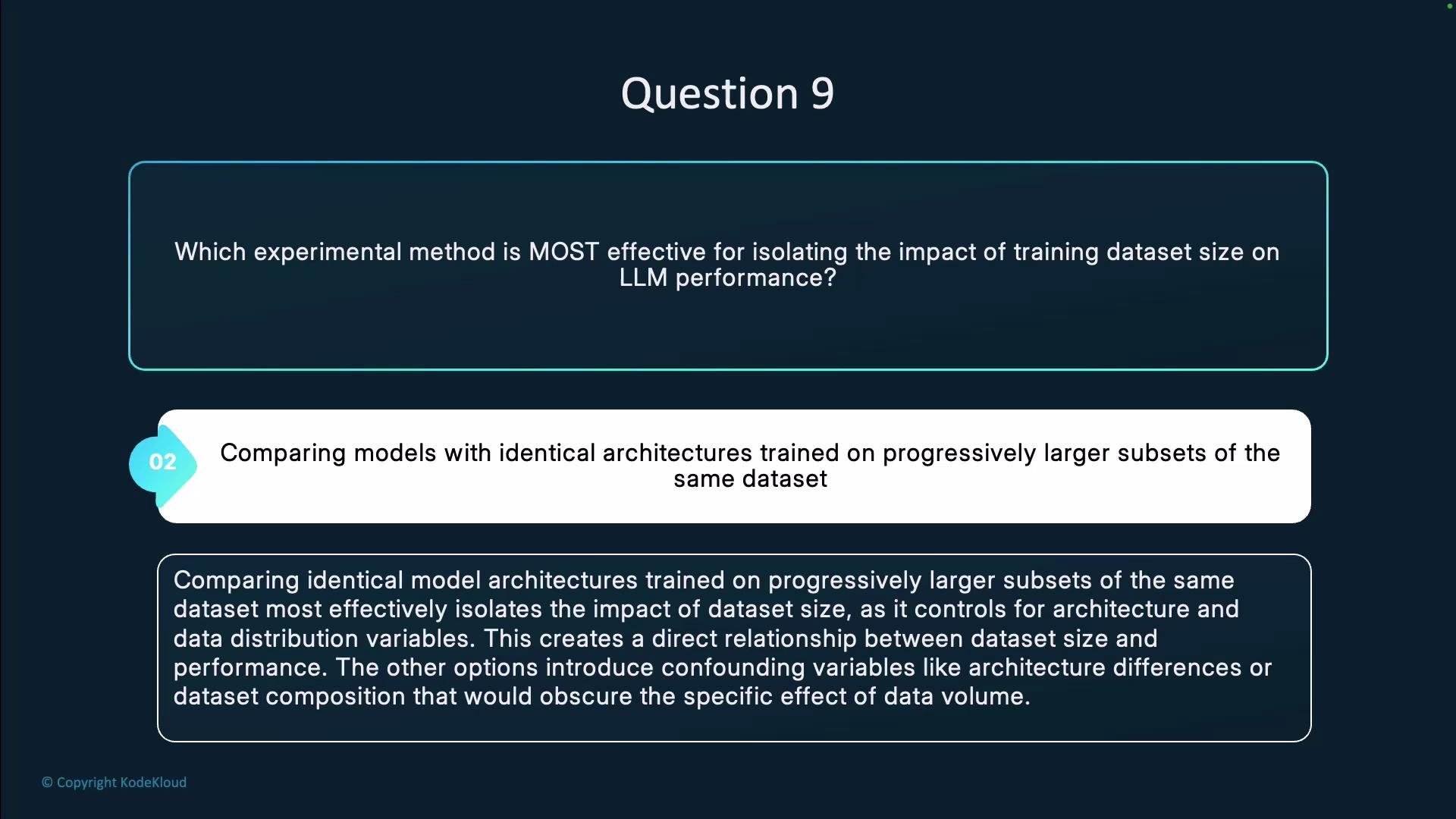 The image presents a question about effective experimental methods for evaluating the impact of training dataset size on LLM performance, with an answer suggesting comparison of identical models on progressively larger dataset subsets.