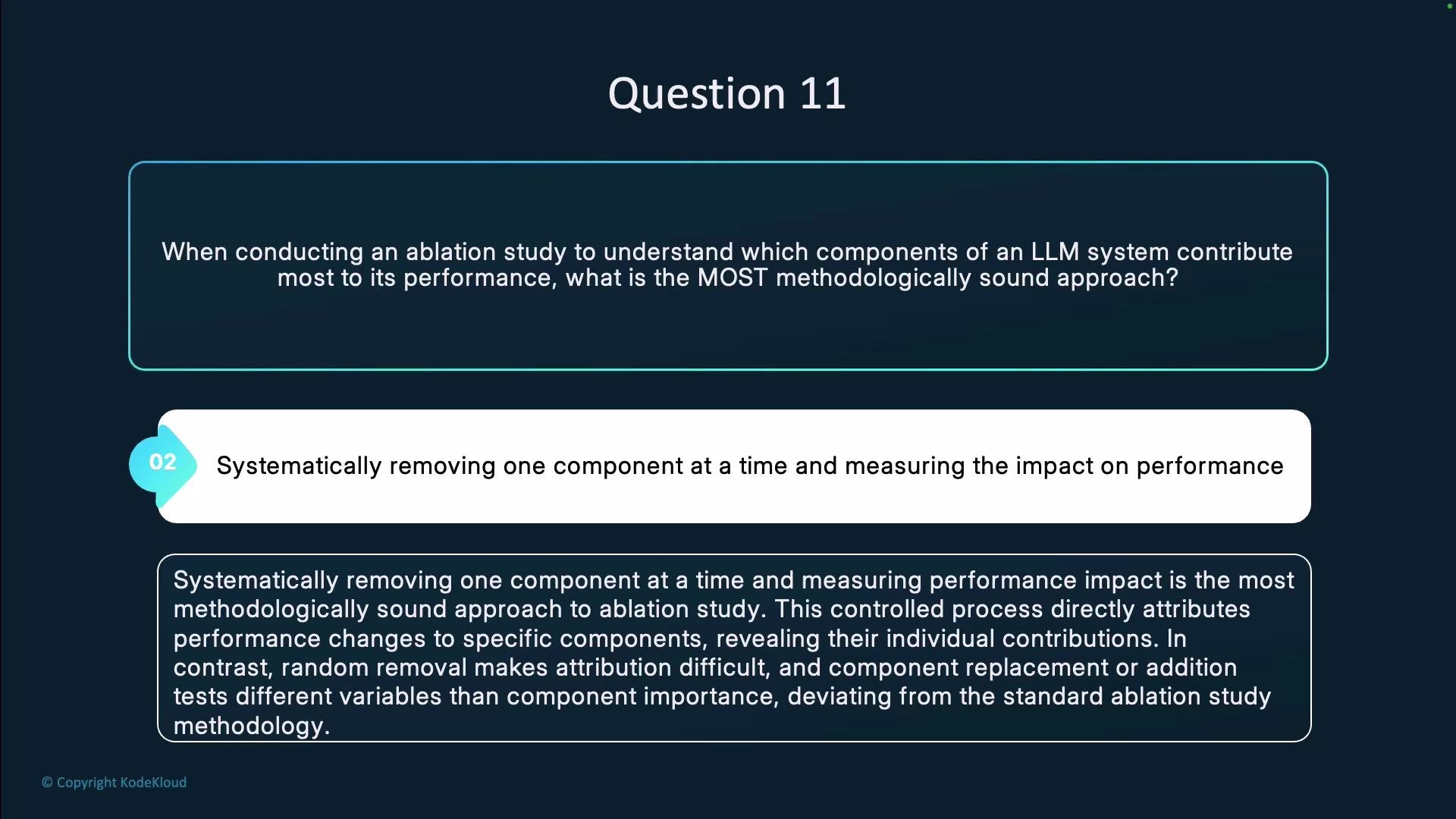 The image contains a question about conducting an ablation study for an LLM system, with an answer describing the most methodologically sound approach: systematically removing one component at a time and measuring performance impact.