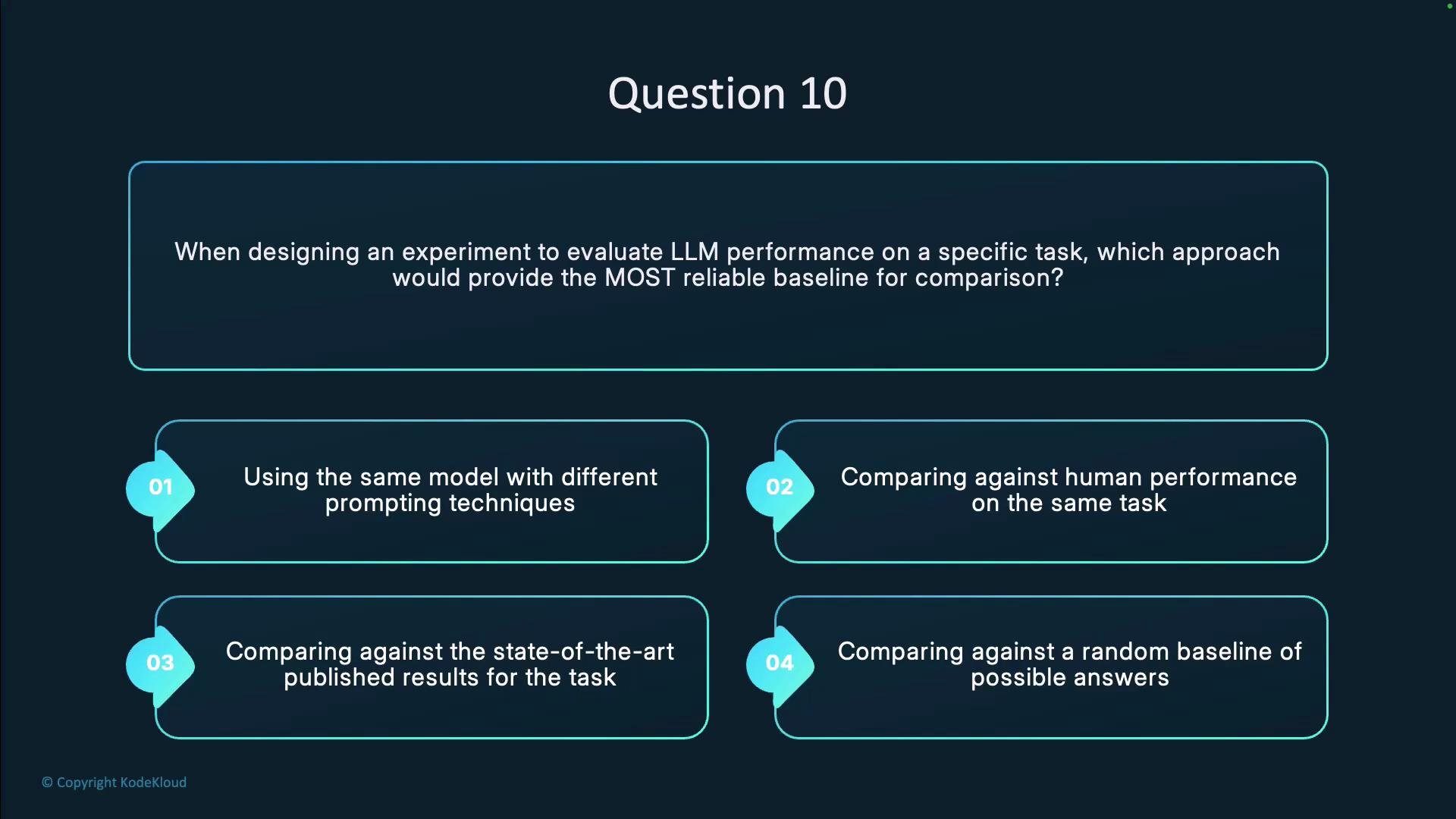 The image is a multiple-choice question about evaluating LLM performance on a task, asking which approach provides the most reliable baseline for comparison, with four answer options.