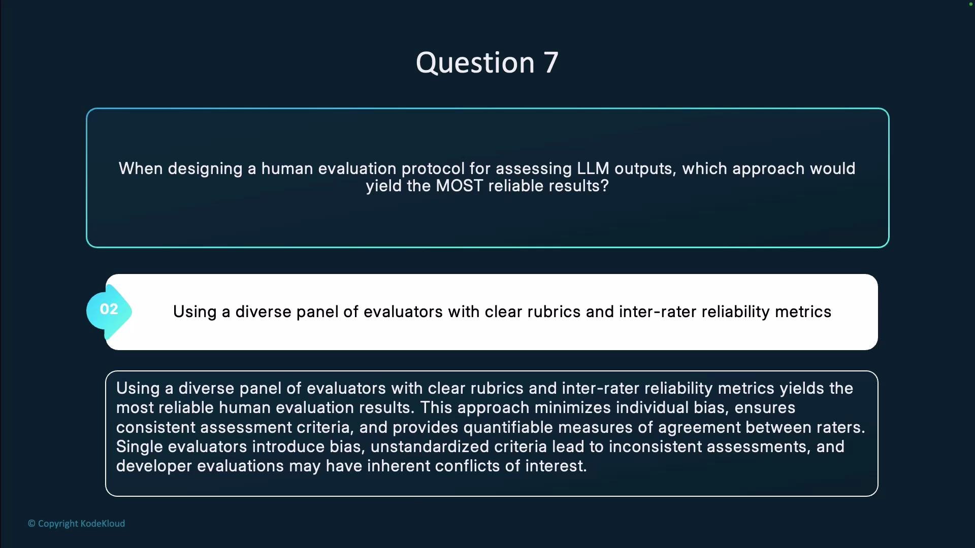 The image presents a question about designing a human evaluation protocol for LLM outputs, with an answer highlighting the importance of using a diverse panel of evaluators with clear rubrics and inter-rater reliability metrics.