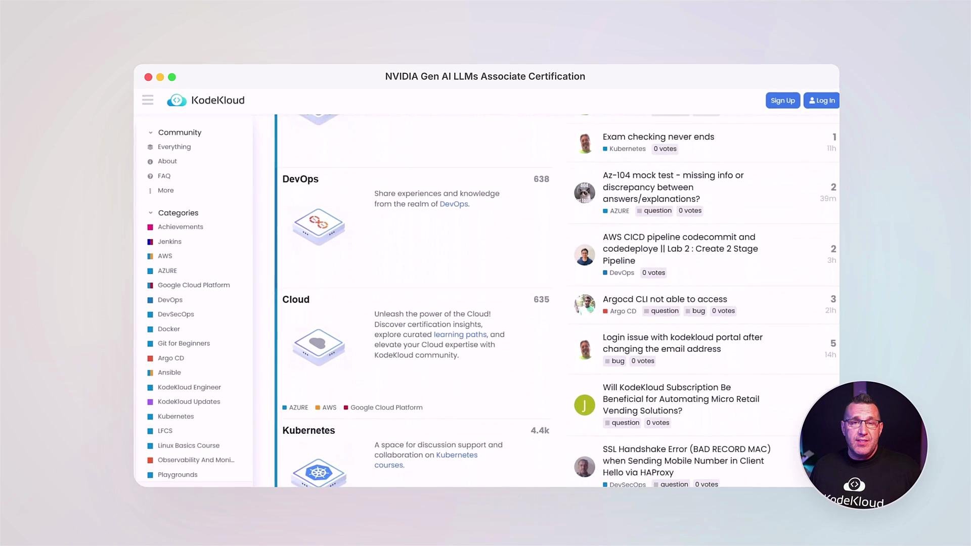 The image shows a KodeKloud online community interface with categories like DevOps, Cloud, and Kubernetes. There's a list of topics on the right, a sign-up/log-in button, and a circular inset of a person at the bottom-right corner.