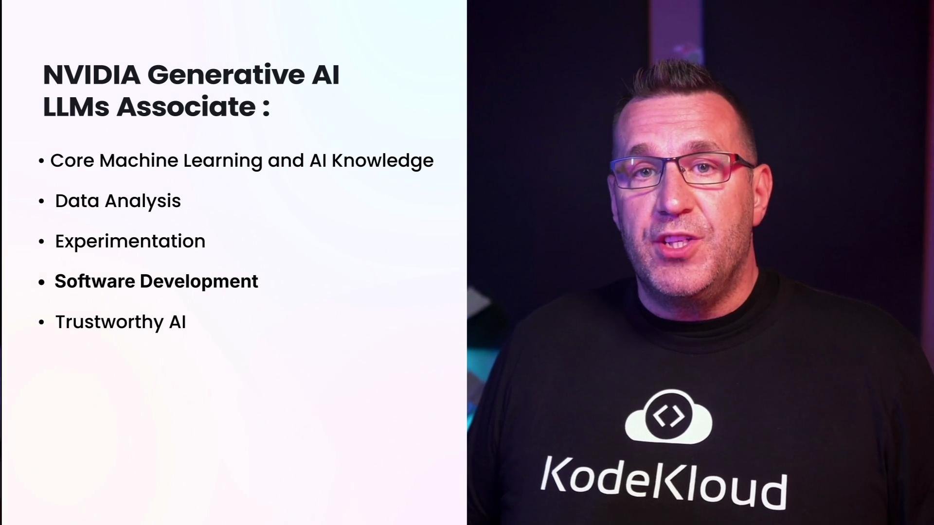 The image shows a person standing next to a presentation slide about the "NVIDIA Generative AI LLMs Associate," listing areas such as machine learning, data analysis, and software development. The person is wearing a KodeKloud shirt.