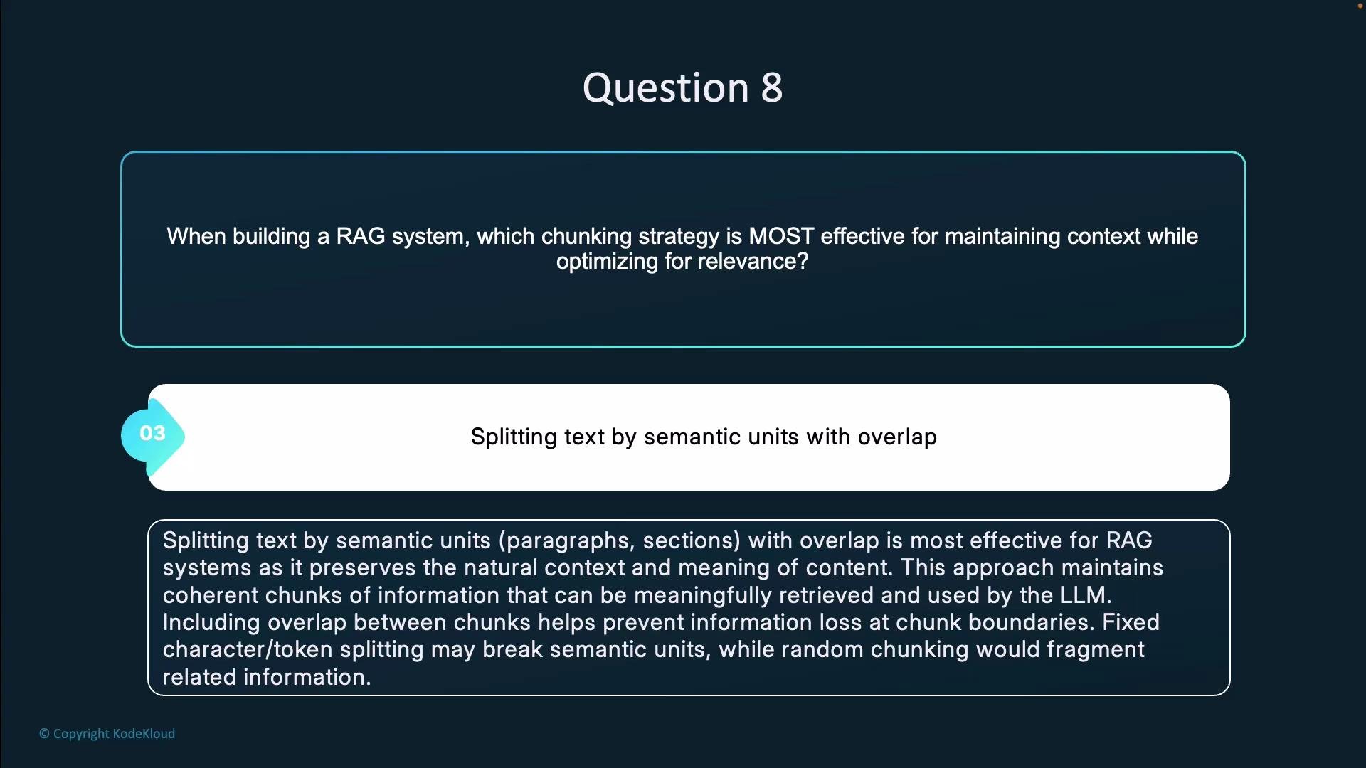 The image presents a question about the most effective chunking strategy for a RAG system, highlighting "splitting text by semantic units with overlap" as the answer. A brief explanation follows, stating that this method preserves natural context and prevents information loss.
