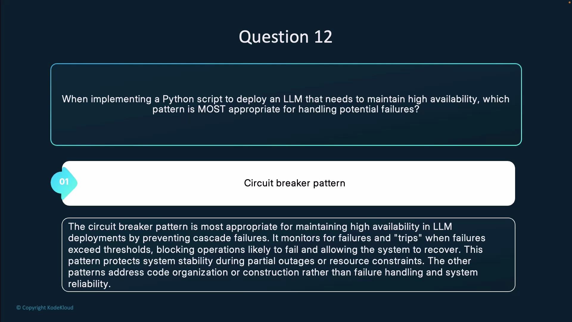 The image shows a question about deploying an LLM with high availability, recommending the circuit breaker pattern for handling potential failures. It explains the pattern's function in managing system stability.