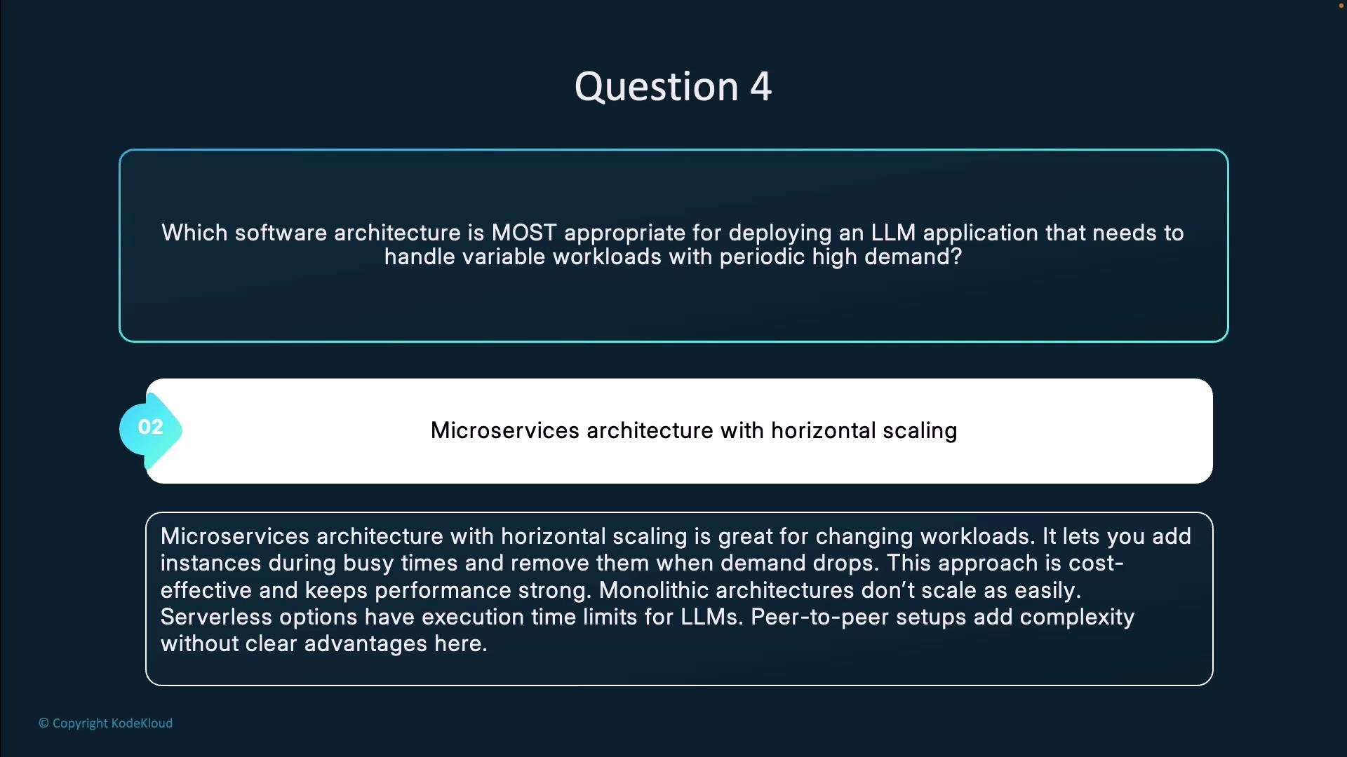 The image is a question and answer regarding the most appropriate software architecture for deploying an LLM application with variable workloads, recommending a microservices architecture with horizontal scaling. It highlights the benefits and drawbacks of different architectural approaches.