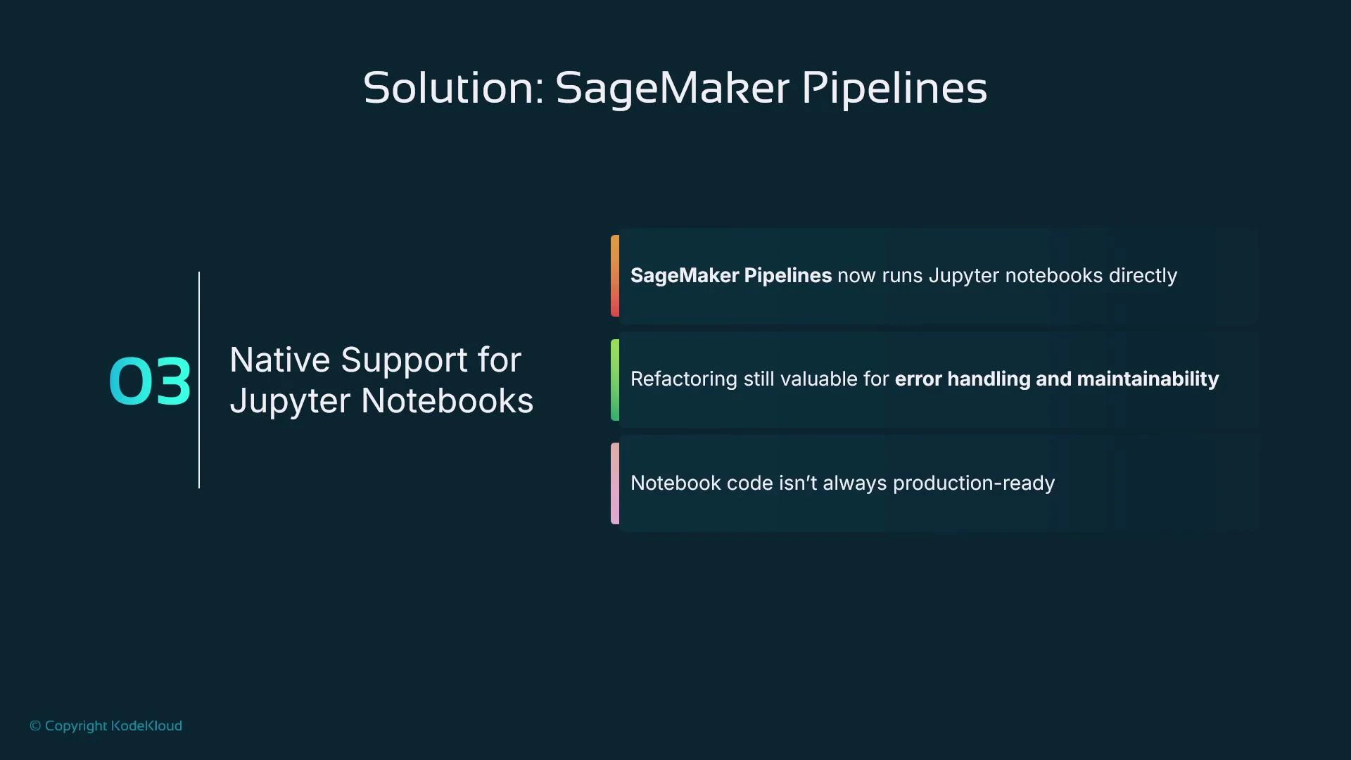 A presentation slide titled "Solution: SageMaker Pipelines" highlighting "03 Native Support for Jupyter Notebooks." It notes that SageMaker Pipelines can run Jupyter notebooks directly, but refactoring is still useful for error handling/maintainability and notebooks aren’t always production-ready.