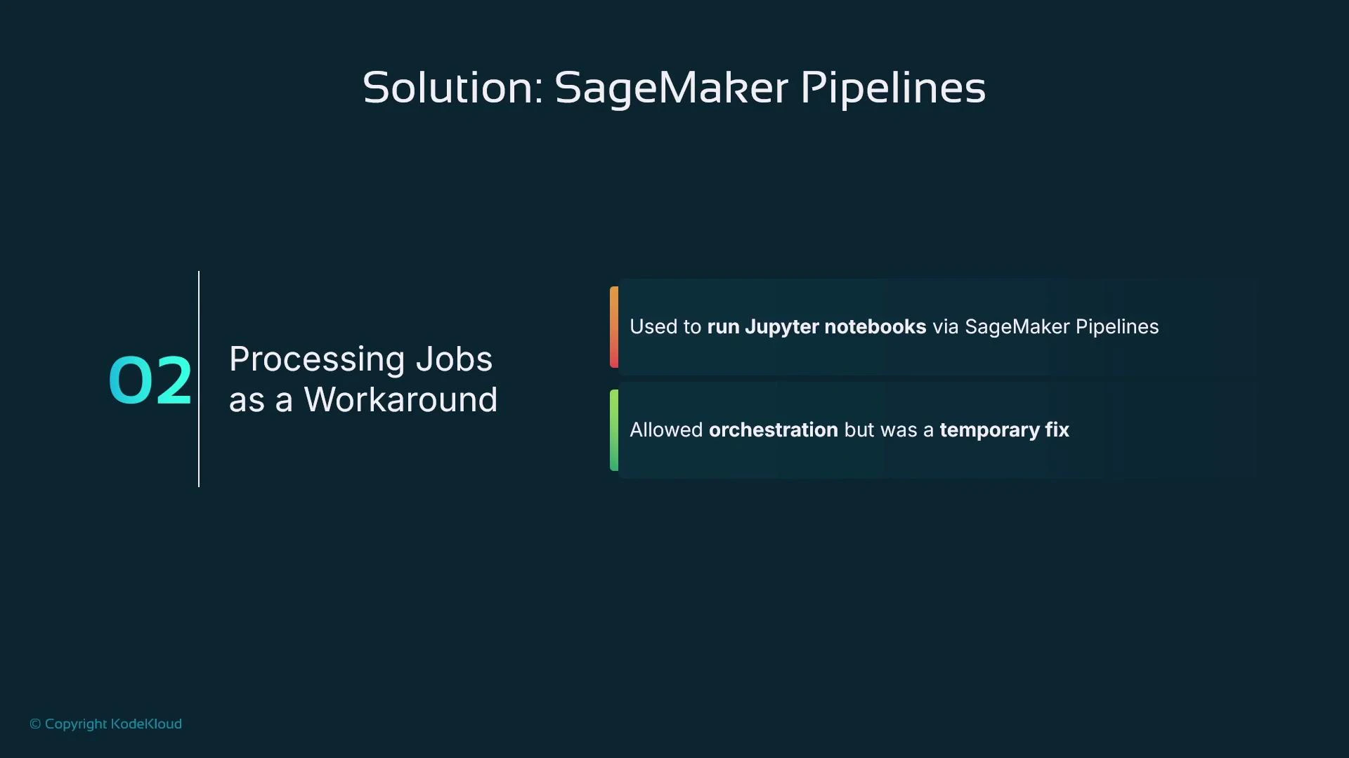 A presentation slide titled "Solution: SageMaker Pipelines" showing item "02 Processing Jobs as a Workaround" with two notes: it was used to run Jupyter notebooks via SageMaker Pipelines and allowed orchestration but was a temporary fix. The slide has a dark teal background and a KodeKloud copyright mark.