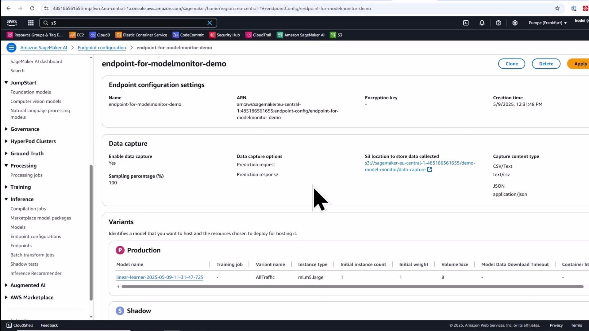 A screenshot of the Amazon SageMaker console showing the endpoint configuration page for "endpoint-for-modelmonitor-demo." It displays data-capture settings (enabled, 100% sampling, S3 location) and variant/production model details including instance type.