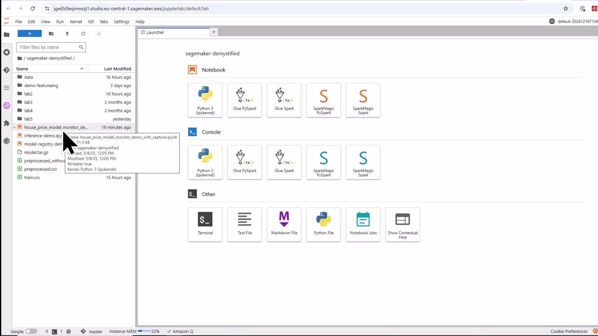 A screenshot of an Amazon SageMaker JupyterLab interface showing a file browser on the left and a launcher on the right with Notebook, Console, and Other options. A cursor hovers over a notebook file named "house_price_model_monitor_demo_with_capture.ipynb" in the file pane.