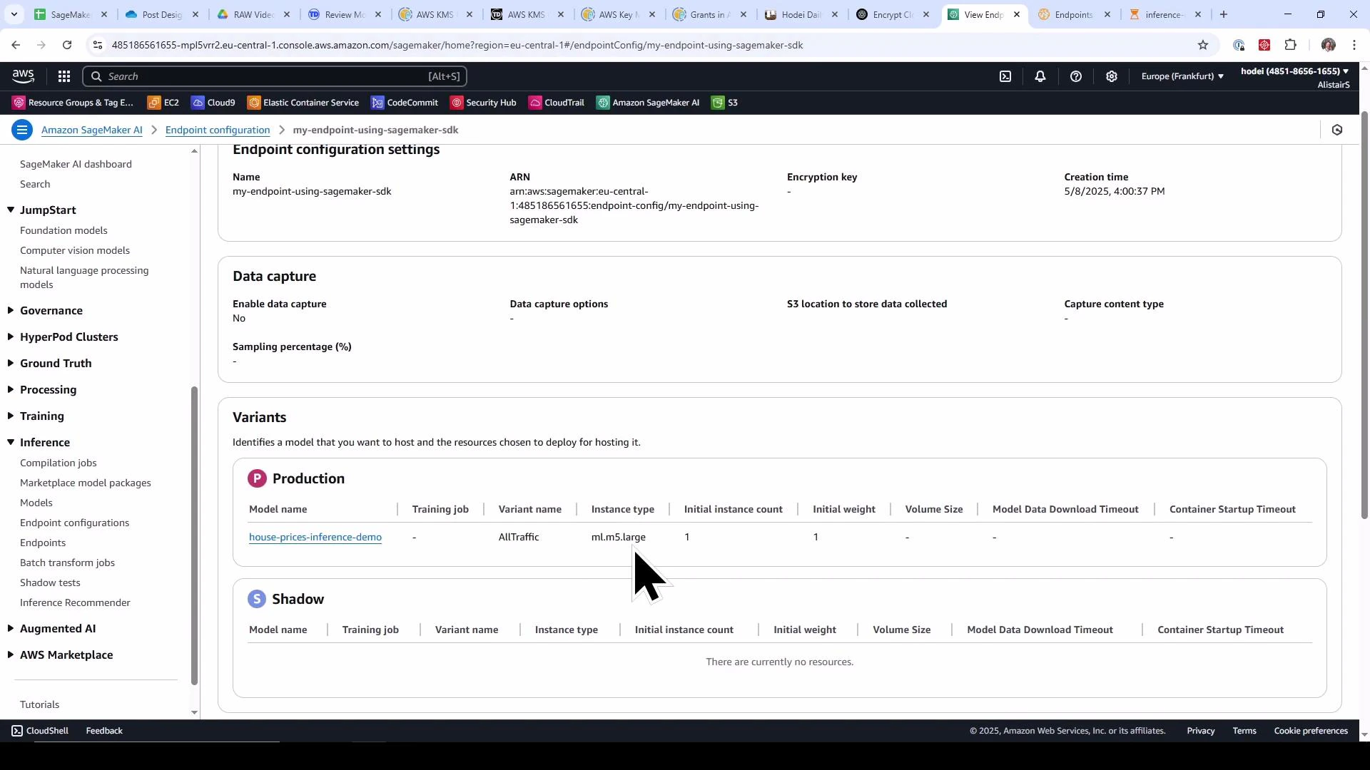 Screenshot of the Amazon SageMaker console showing an endpoint configuration for "my-endpoint-using-sagemaker-sdk." It shows a Production variant hosting the model "house-prices-inference-demo" on an ml.m5.large instance and data capture set to No.
