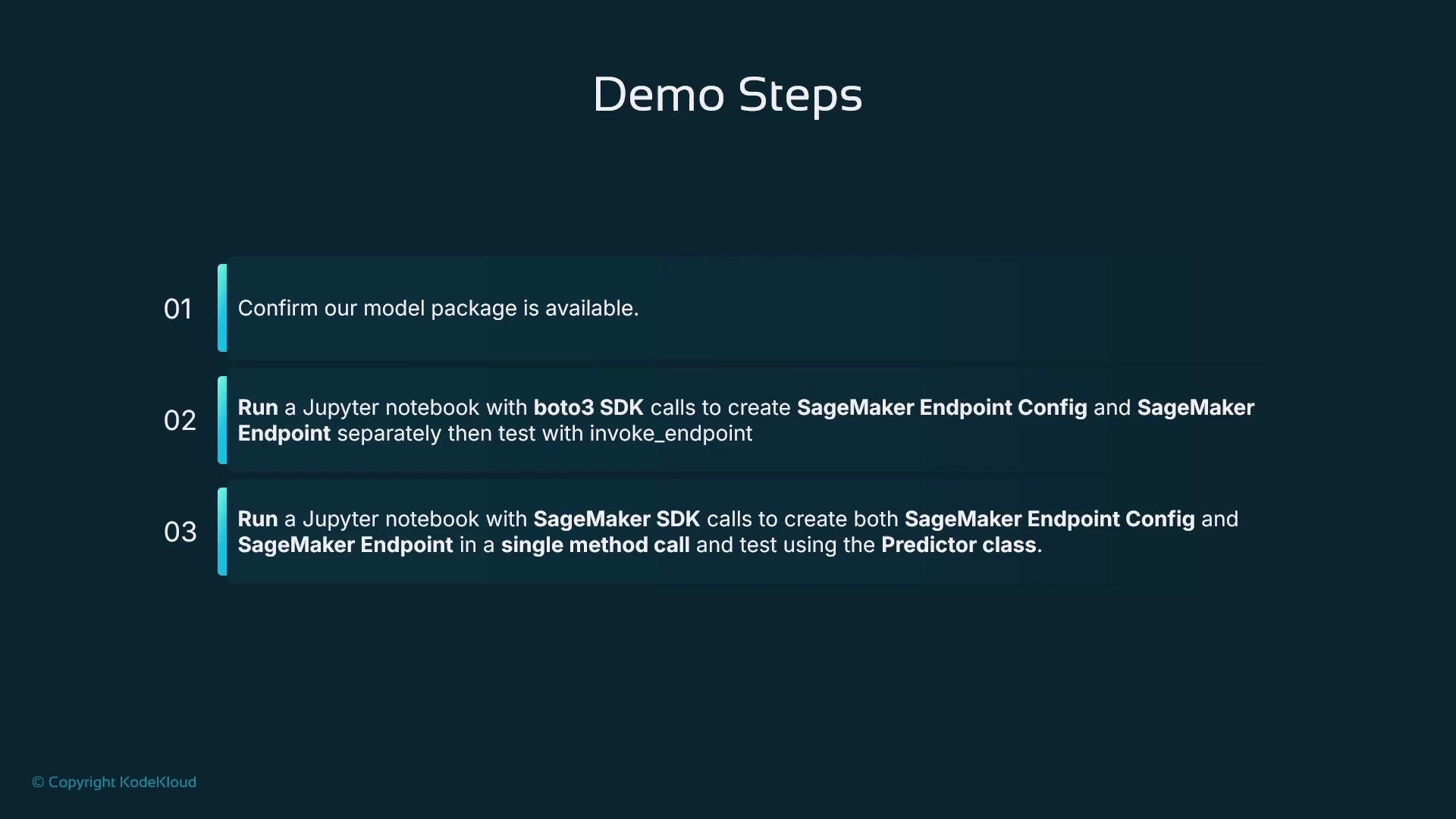 A presentation slide titled "Demo Steps" listing three numbered steps: confirm the model package is available, run a Jupyter notebook with boto3 to create and test SageMaker endpoint config/endpoints, and run a notebook with the SageMaker SDK to create and test an endpoint using the Predictor class. The slide has a dark background with teal accent bars and a copyright notice for KodeKloud.