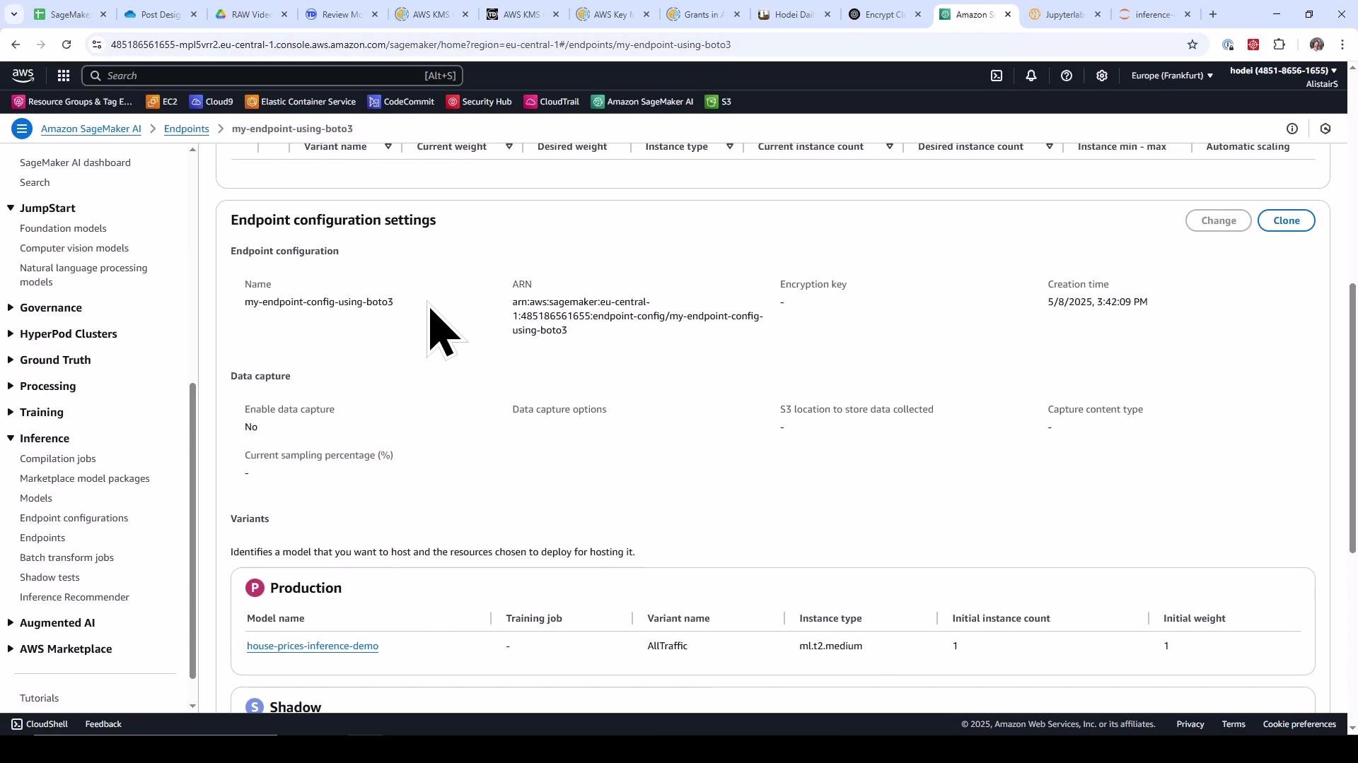 Screenshot of the Amazon SageMaker console showing "Endpoint configuration settings" for "my-endpoint-config-using-boto3." The page lists data capture options and a Production variant with the model "house-prices-inference-demo."