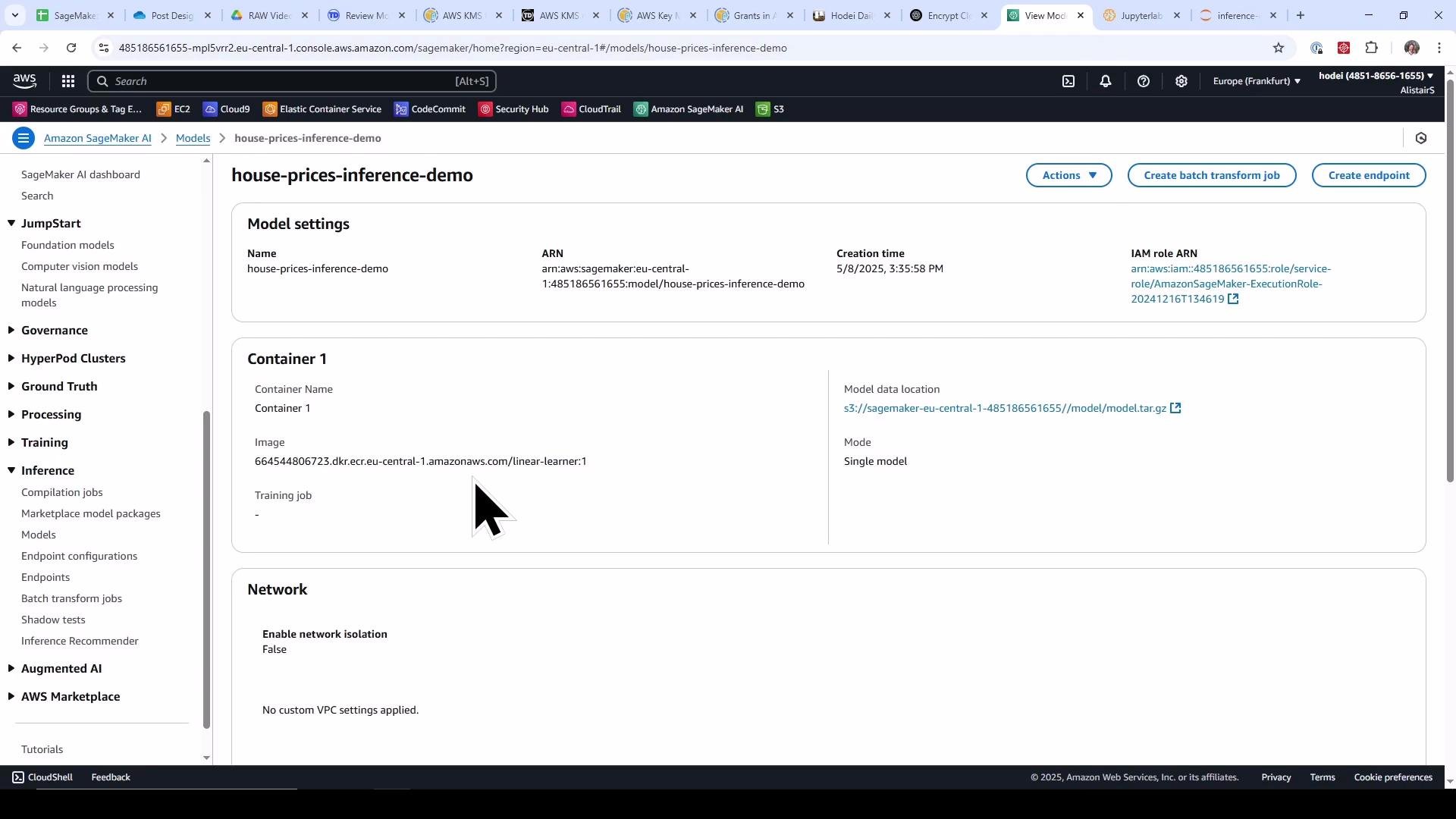 A screenshot of the Amazon SageMaker console showing the "house-prices-inference-demo" model details, including ARN, container image and model data location. The left navigation pane and top toolbar with SageMaker services (JumpStart, Inference, Training, etc.) are also visible.