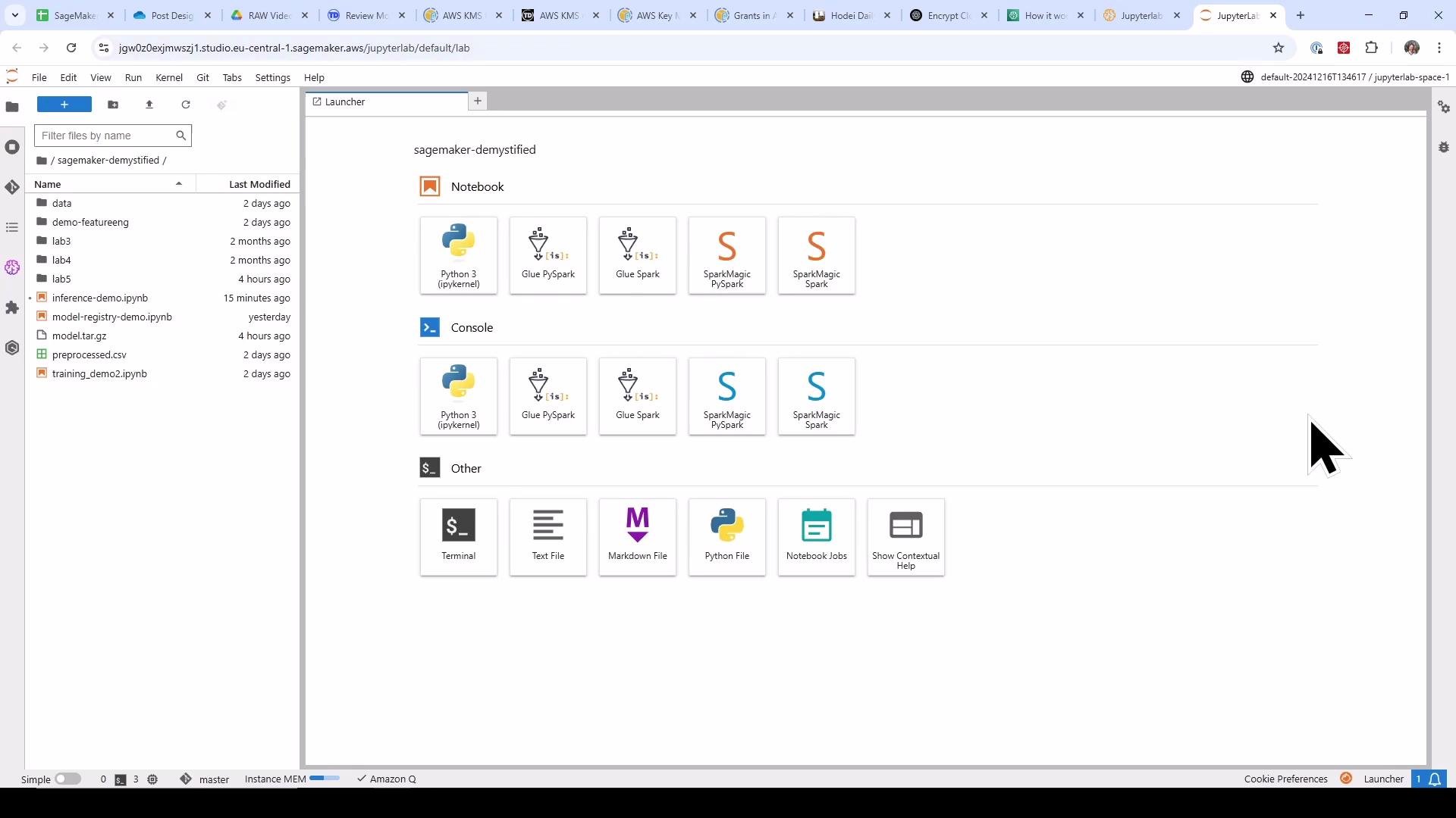 A screenshot of a JupyterLab/SageMaker workspace launcher showing notebook, console, and other file types (Python, Glue, Spark) as clickable tiles. The left pane shows a file browser with folders and notebooks for a "sagemaker-demystified" project.
