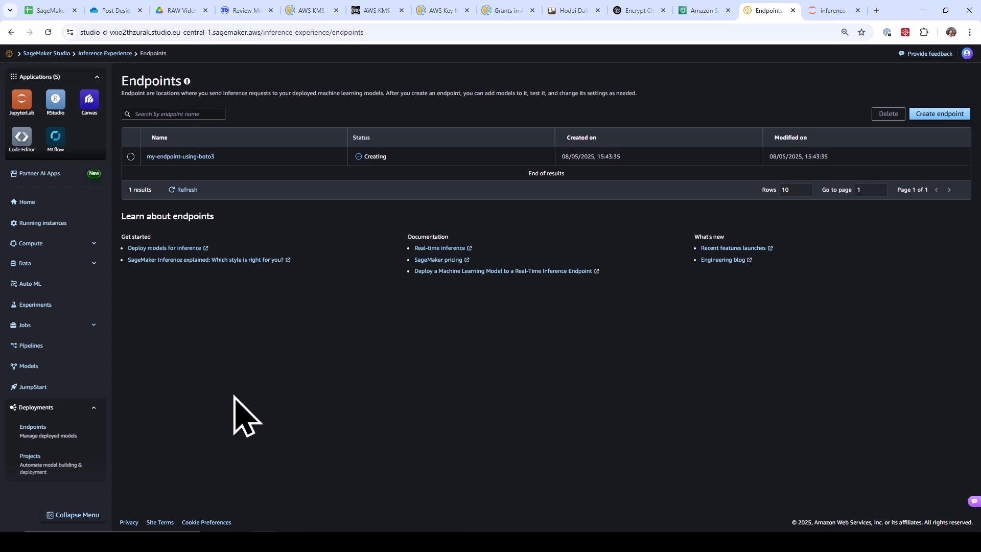 Screenshot of the AWS SageMaker Studio "Endpoints" console in dark mode, showing one endpoint named "my-endpoint-using-boto3" with status "Creating." The left navigation pane displays SageMaker apps and deployment options, and there are Create endpoint and Delete buttons at the top right.