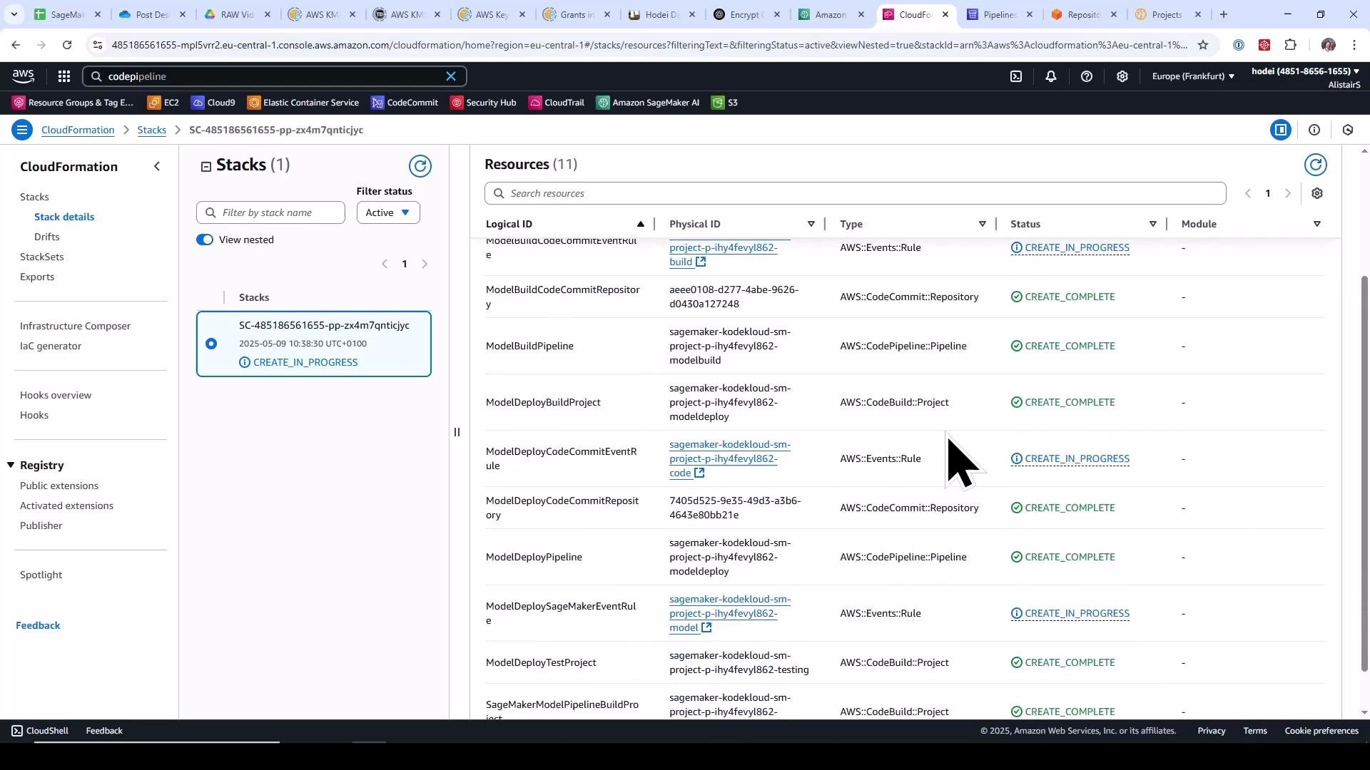 A screenshot of the AWS CloudFormation console showing a stack named "SC-485186561655-..." on the left and a list of resources (CodeCommit repositories, CodePipeline, CodeBuild projects, Event rules) with statuses like CREATE_IN_PROGRESS and CREATE_COMPLETE on the right. The browser tabs and AWS service icons are visible across the top.