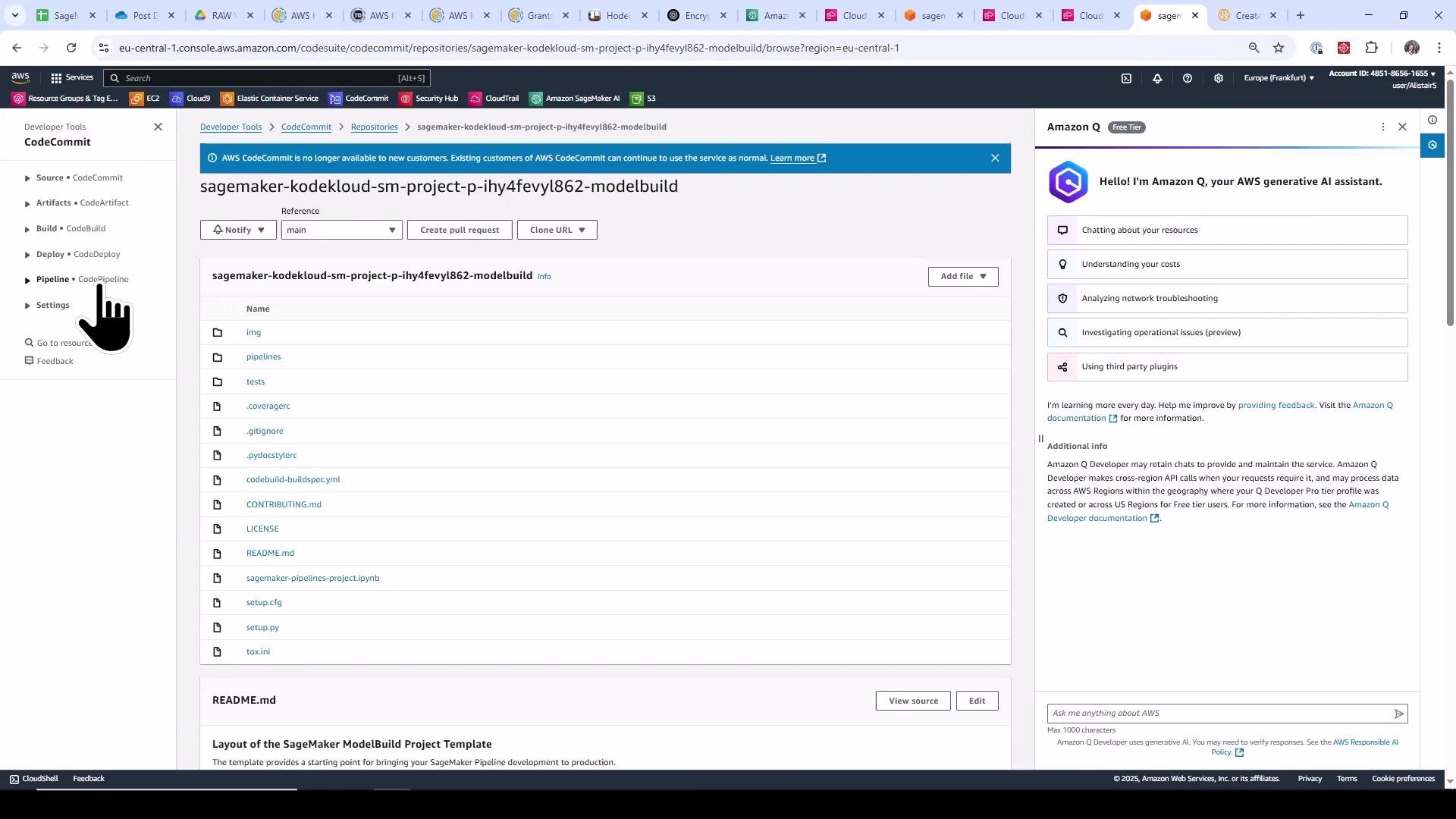 A browser screenshot of the AWS Management Console displaying a CodeCommit repository named "sagemaker-kodekloud-sm-project-..." with a file/folder list and README section. The right side shows the Amazon Q generative AI assistant panel, and the left shows the Developer Tools navigation.