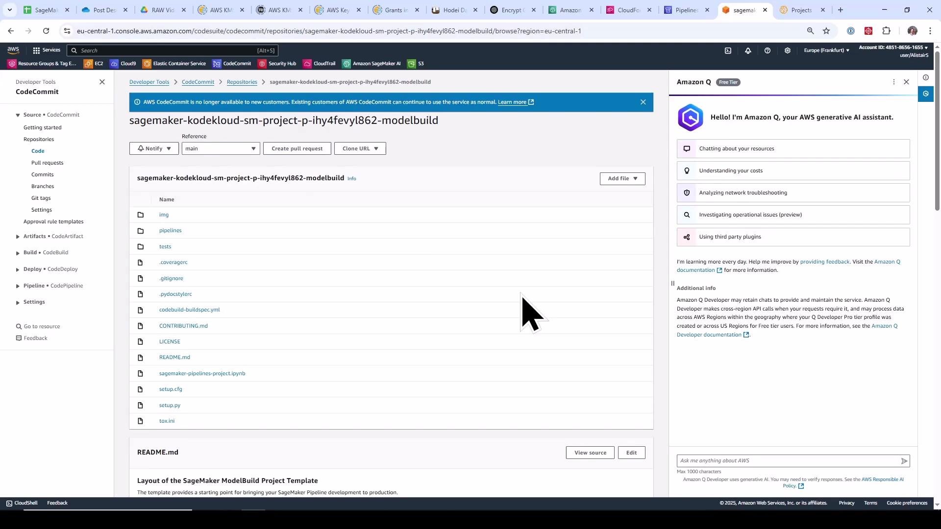 A screenshot of the AWS CodeCommit web console showing the "sagemaker-kodekloud-sm-project-..." repository file listing and README preview. The Amazon Q generative assistant panel is visible on the right and a large black mouse cursor is over the file list.