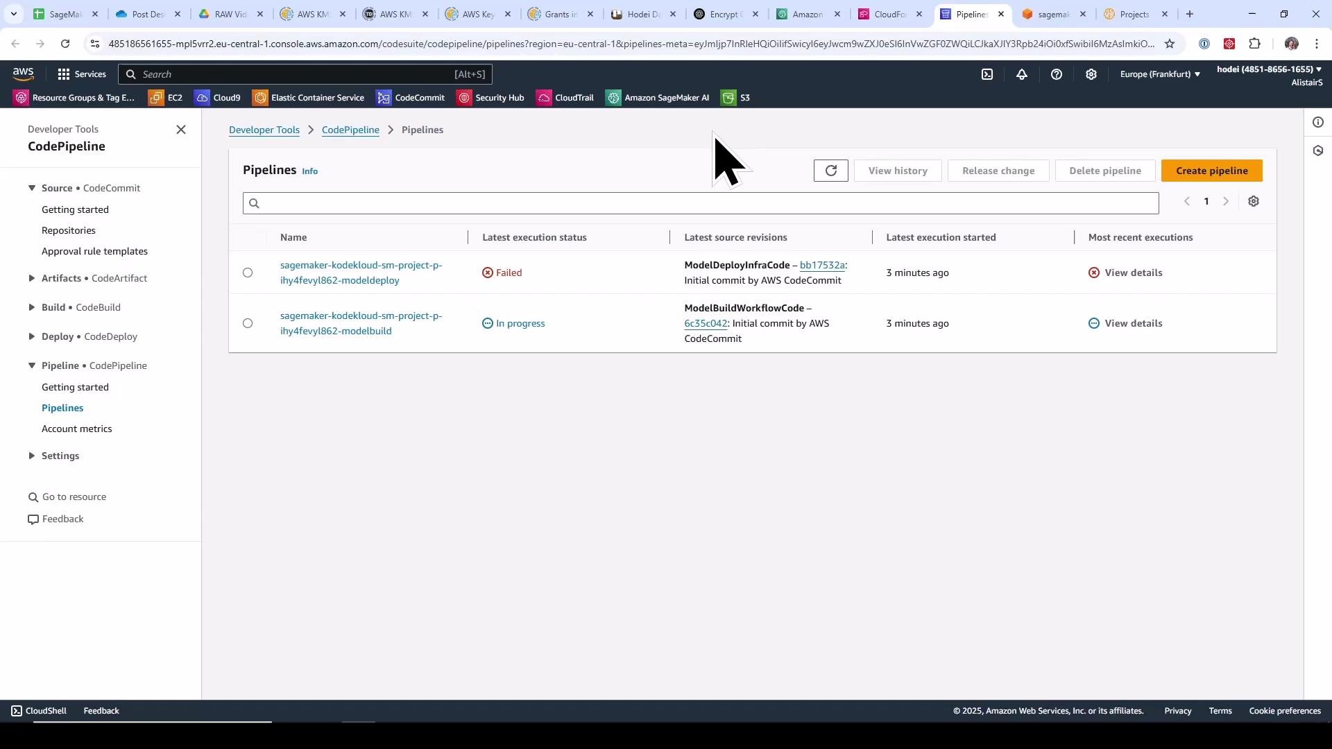 A screenshot of the AWS Management Console showing the CodePipeline Pipelines page with two pipelines listed — one marked Failed and the other In progress. The left sidebar shows developer tools navigation (Source, Artifacts, Build, Deploy, Pipeline) and there's a "Create pipeline" button in the top-right.