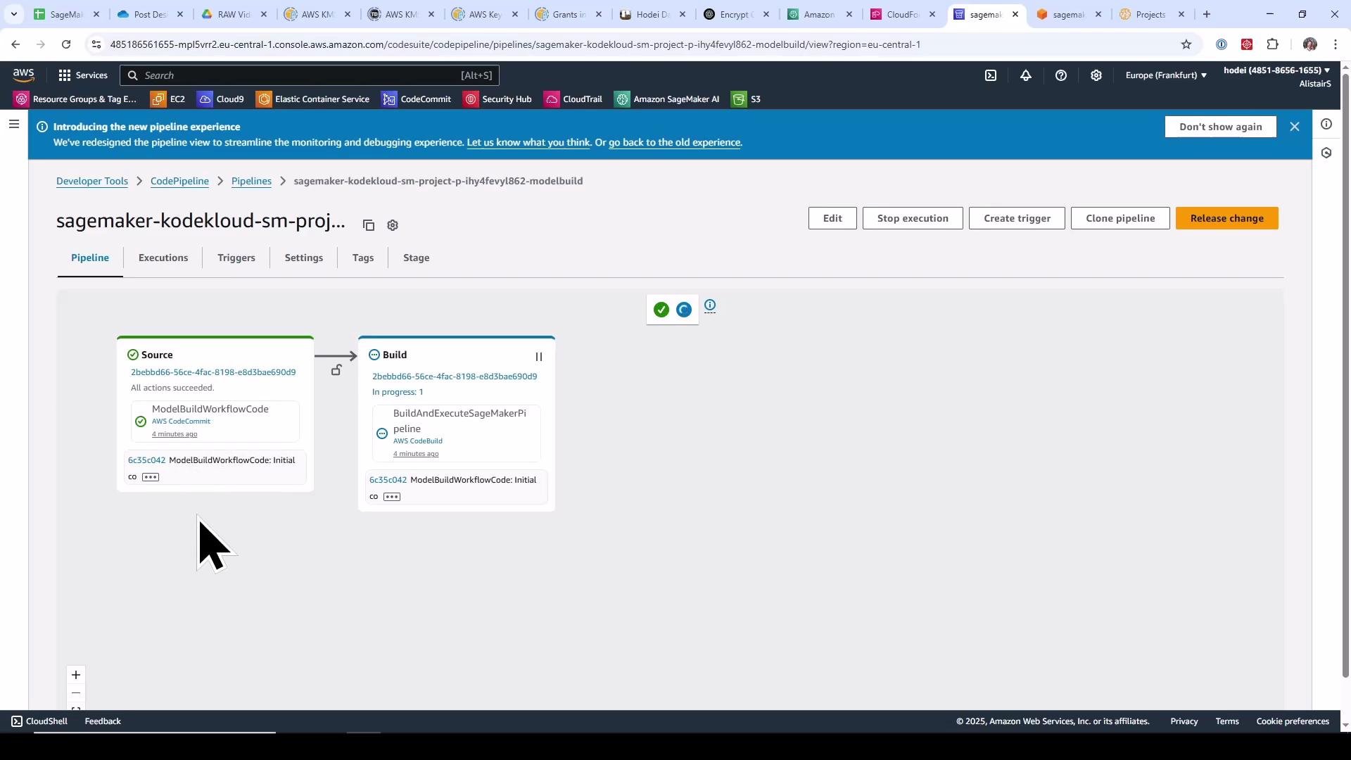 A screenshot of the AWS CodePipeline console showing a pipeline named "sagemaker-kodekloud-sm-proj..." with Source and Build stages (Source succeeded, Build in progress). The browser window shows the AWS navigation bar and multiple open tabs.
