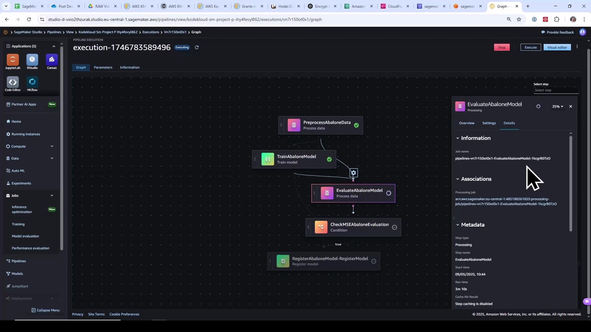 A screenshot of Amazon SageMaker Studio showing a pipeline execution graph for an "Abalone" ML workflow with nodes like PreprocessAbaloneData, TrainAbaloneModel, EvaluateAbaloneModel, CheckMSEAbaloneEvaluation, and RegisterAbaloneModel. The right-hand pane displays detailed information for the EvaluateAbaloneModel step.