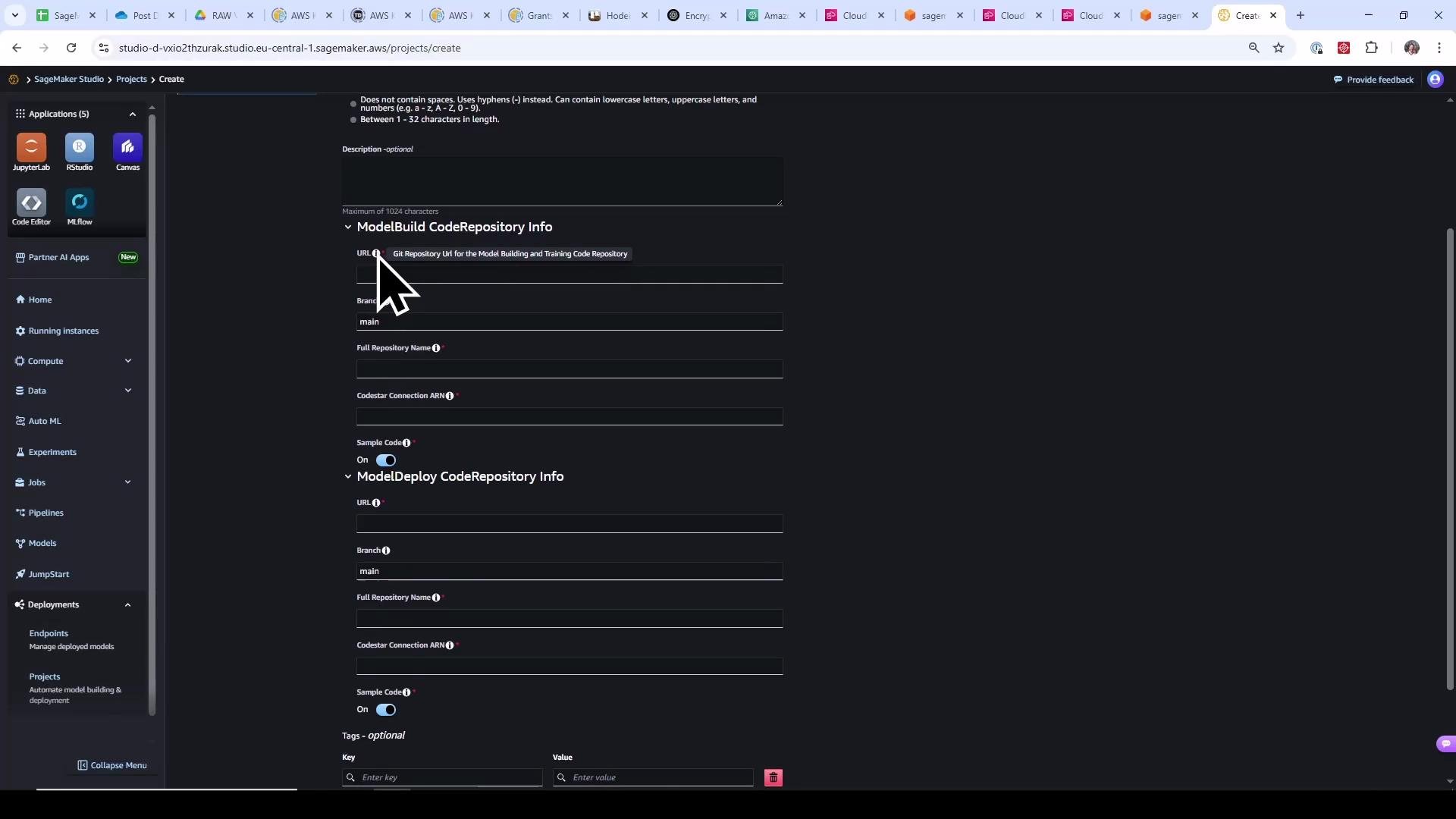 A screenshot of the AWS SageMaker Studio "Create Project" page showing form fields for ModelBuild and ModelDeploy code repository info, with a large cursor icon over the URL field. The left sidebar shows navigation items and app icons like JupyterLab and RStudio.