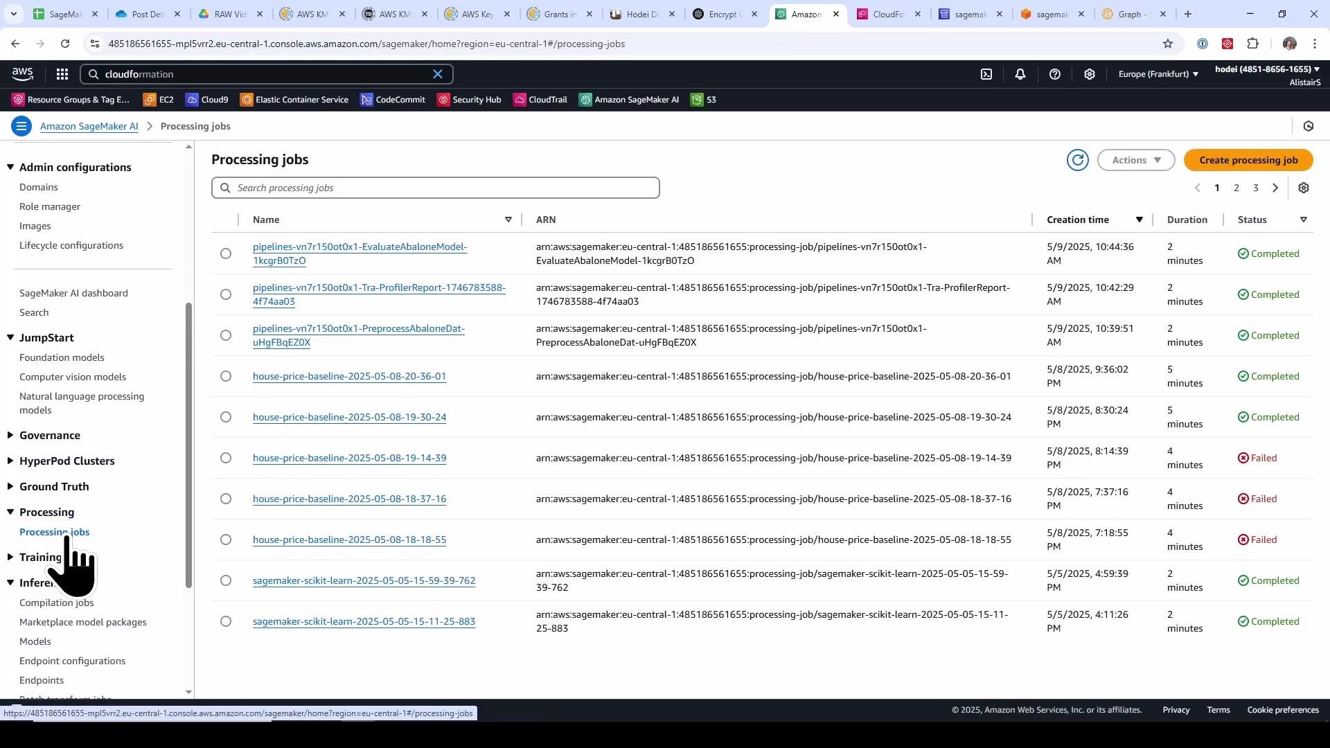 A screenshot of the Amazon SageMaker console showing a list of processing jobs with columns for name, ARN, creation time, duration, and status (Completed/Failed). The left sidebar displays SageMaker navigation options with the "Processing jobs" entry highlighted.