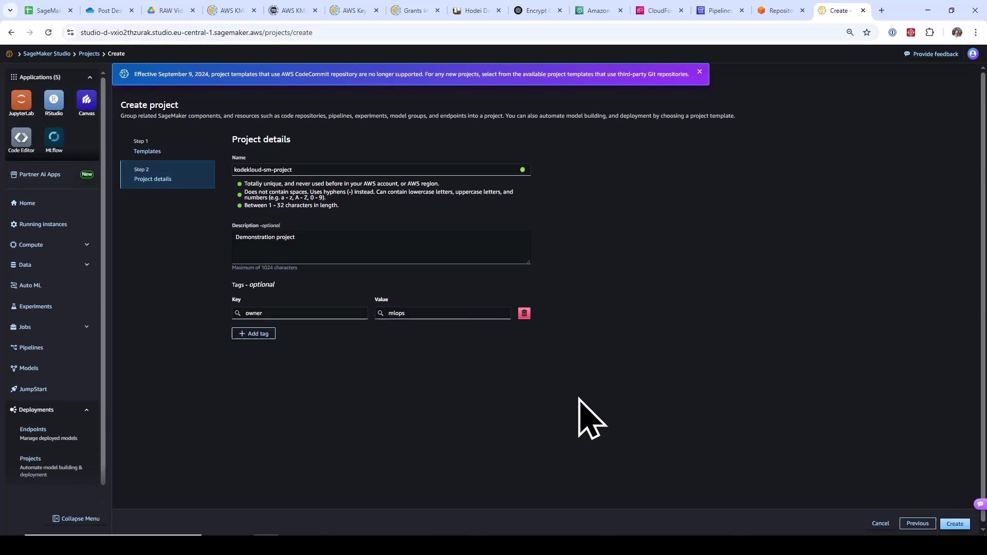 Screenshot of the AWS SageMaker Studio "Create project" page in dark mode, showing a left navigation sidebar and a central form. The form is filled with project name "kodekloud-sm-project", description "Demonstration project", and a tag owner=mlops.