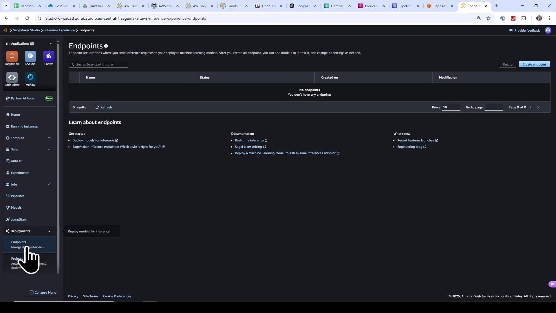 A screenshot of the Amazon SageMaker Studio "Endpoints" page in dark mode showing no deployed endpoints. The left navigation pane with apps and deployment options is visible and there's a "Create endpoint" button at the top right.