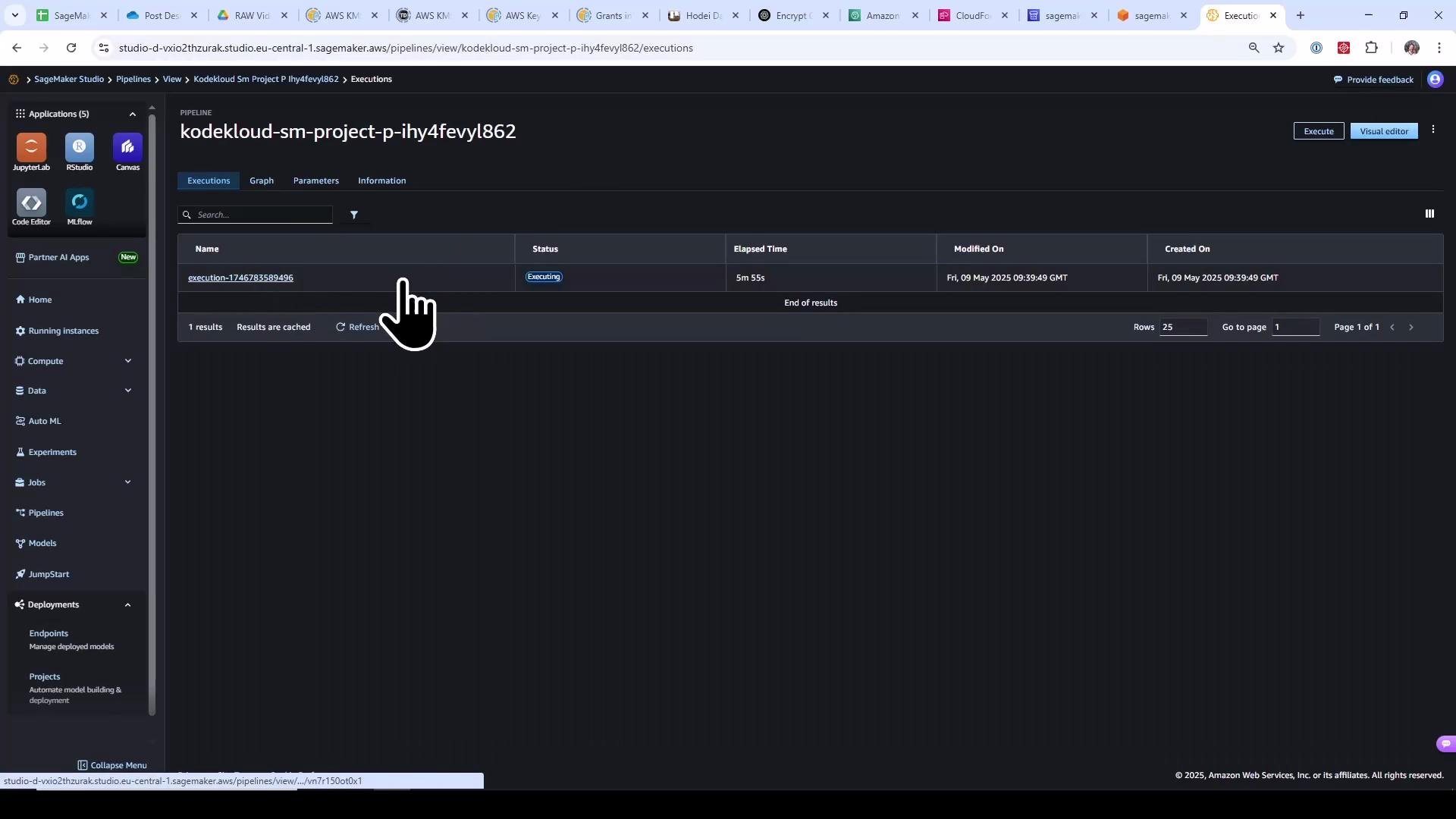 A screenshot of Amazon SageMaker Studio showing the Pipelines "Executions" view for a project named "kodekloud-sm-project-p-ihy4fevyl862," listing a single pipeline execution currently marked "Executing" with elapsed time and timestamps. The left sidebar shows SageMaker apps and navigation items.