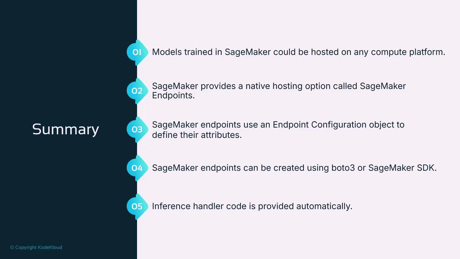 A presentation slide titled "Summary" that lists five key points about Amazon SageMaker hosting. It notes that models can be hosted on any compute platform, SageMaker Endpoints are the native hosting option using an Endpoint Configuration, endpoints can be created with boto3 or the SageMaker SDK, and inference handler code is provided automatically.