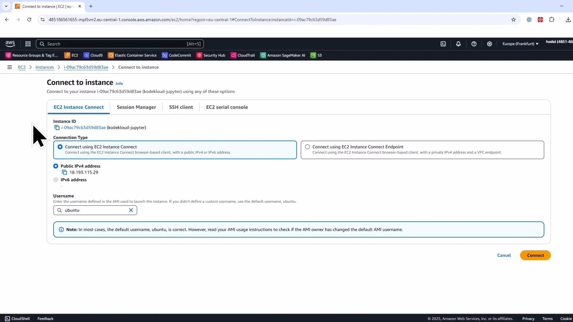 Screenshot of the AWS EC2 "Connect to instance" page showing the EC2 Instance Connect tab with an instance ID, public IPv4 address, and the username set to "ubuntu." A large cursor is visible on the left and a "Connect" button appears at the bottom right.