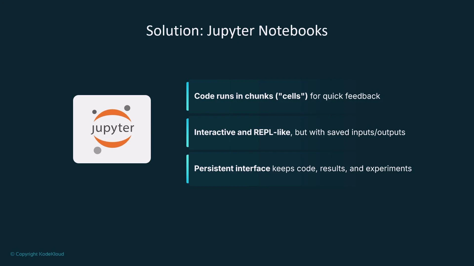 A presentation slide titled "Solution: Jupyter Notebooks" showing the Jupyter logo on the left and three brief points on the right: code runs in chunks ("cells"), it's interactive/REPL-like with saved inputs/outputs, and a persistent interface that keeps code, results, and experiments.