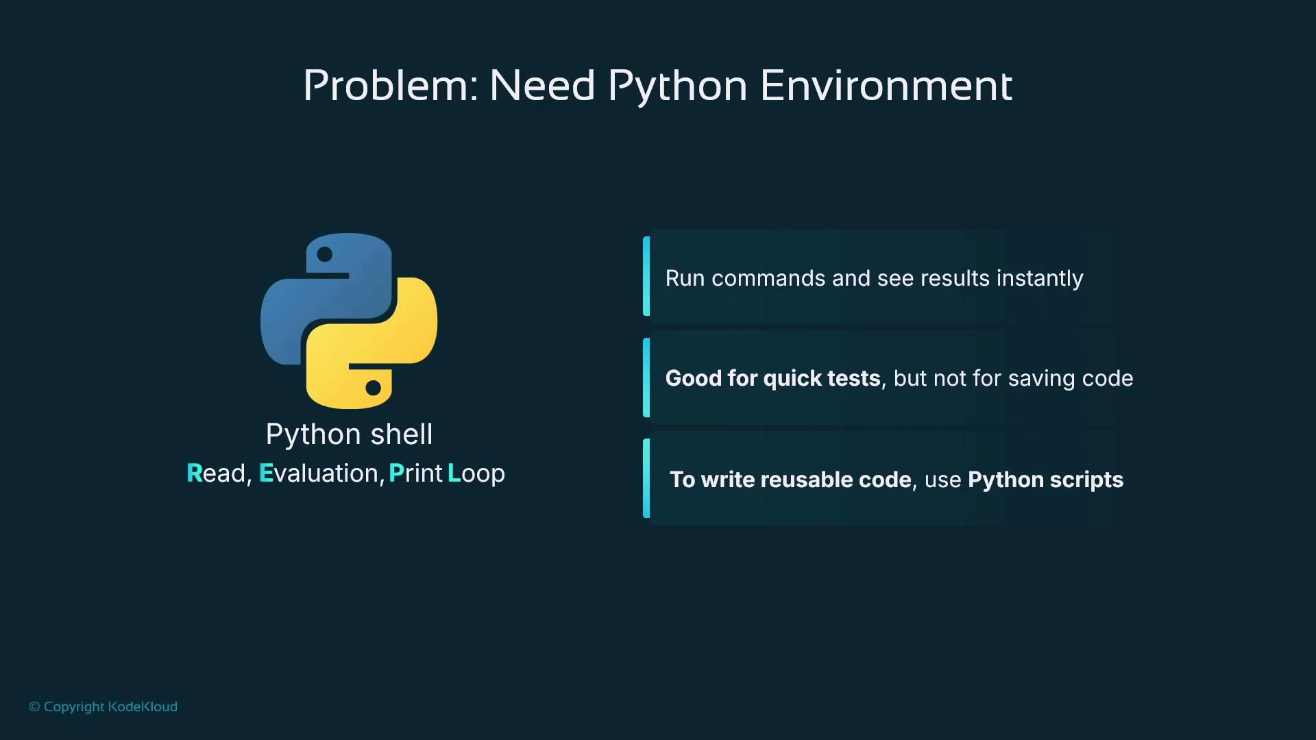 A presentation slide titled "Problem: Need Python Environment" showing the Python logo and the label "Python shell — Read, Evaluation, Print Loop." The slide notes the shell runs commands and shows results instantly, is good for quick tests but not for saving code, and recommends Python scripts for reusable code.