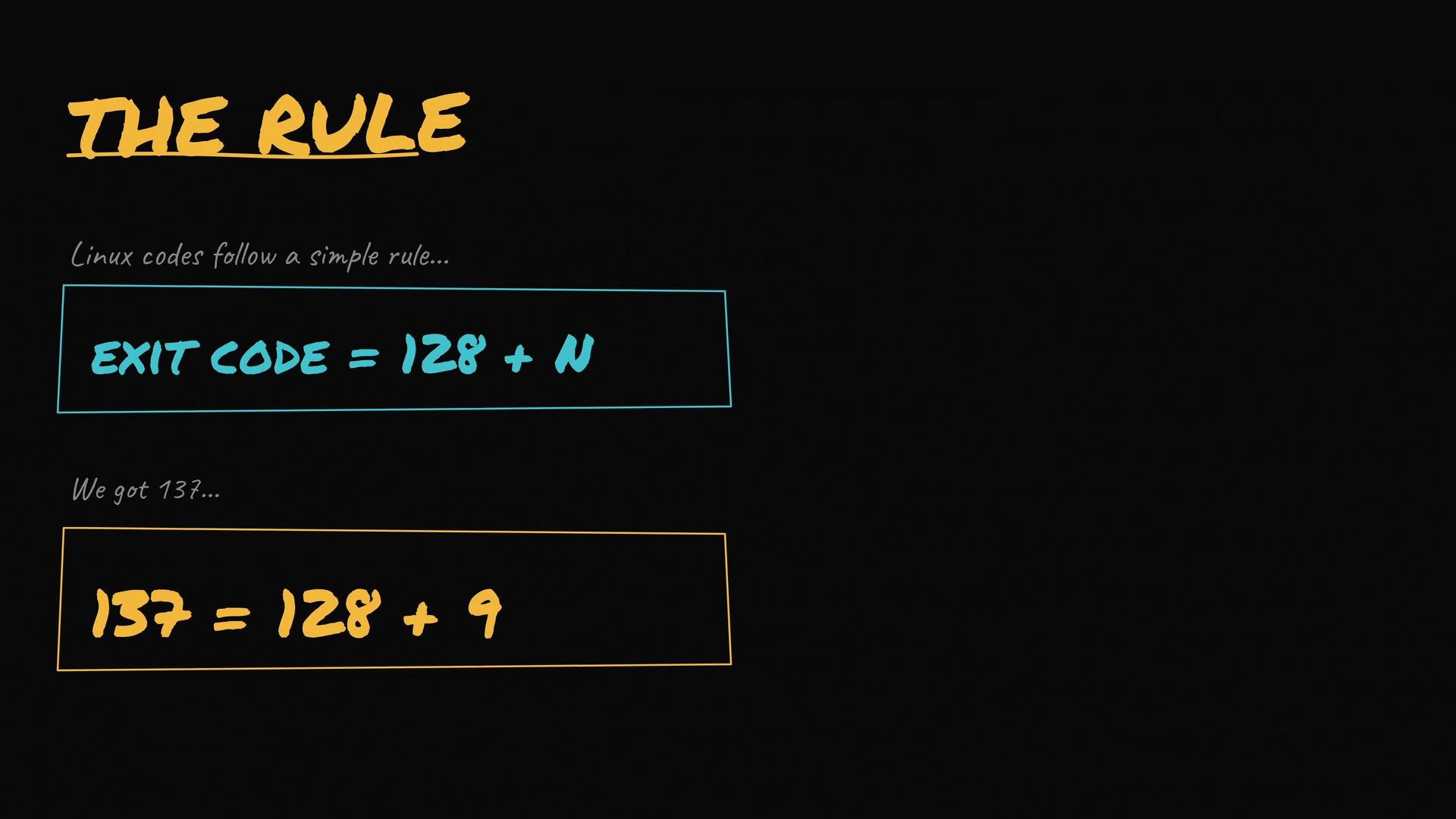 The image explains a rule for Linux exit codes, stating that "Exit Code = 128 + N" and provides an example of exit code 137, which equals "128 + 9".